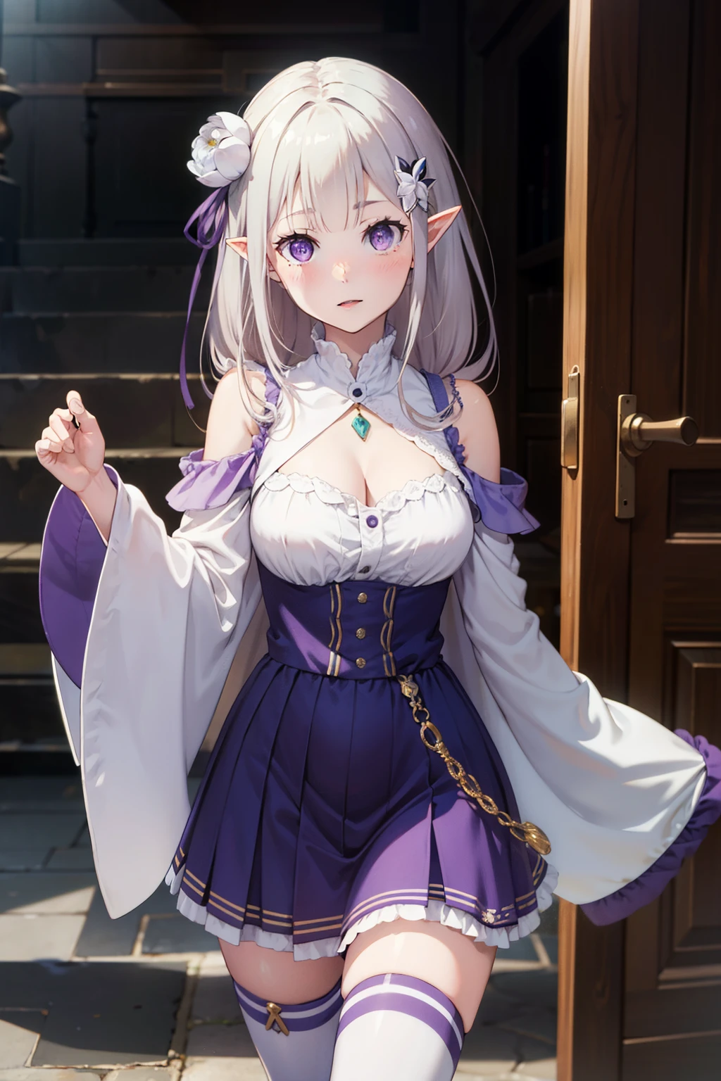 1girl, solo, Emilia, emilia_\(re:zero\), long hair, silver hair, blunt bangs, braid, hair ornament, hair flower, hair ribbon, purple ribbon, purple eyes, blush, low-tied long hair, elf, dress, bare shoulders, detached sleeves, wide sleeves, cleavage, pleated skirt, thighhights, white legwear, white shoes, outdoorasterpiece:1.2), highres, best quality, 8k, very clear,