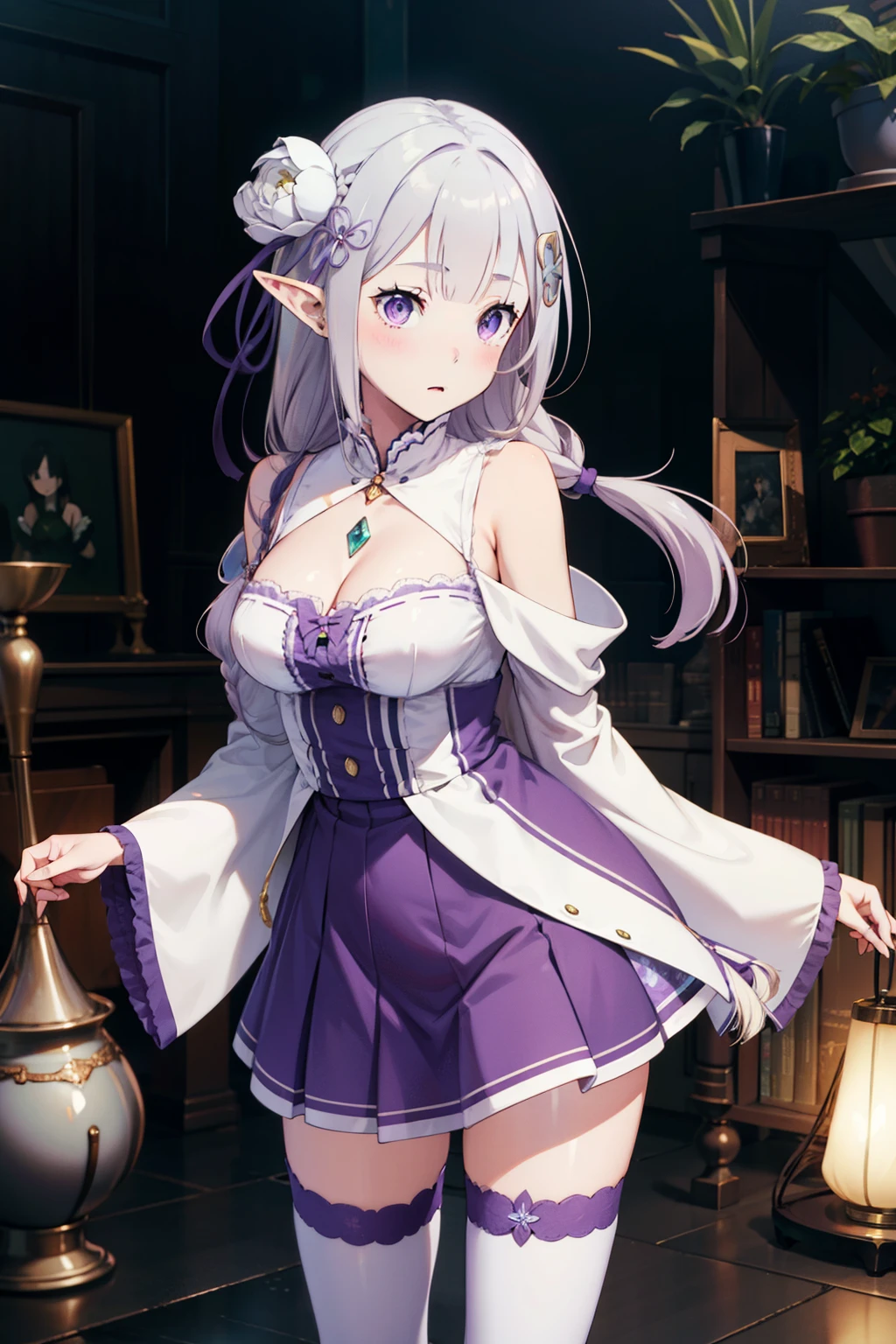 1girl, solo, Emilia, emilia_\(re:zero\), long hair, silver hair, blunt bangs, braid, hair ornament, hair flower, hair ribbon, purple ribbon, purple eyes, blush, low-tied long hair, elf, dress, bare shoulders, detached sleeves, wide sleeves, cleavage, pleated skirt, thighhights, white legwear, white shoes, outdoorasterpiece:1.2), highres, best quality, 8k, very clear,