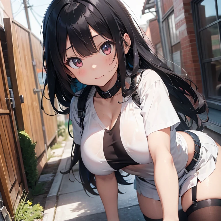 A hot black haired anime girl with big boobs and it show side boob