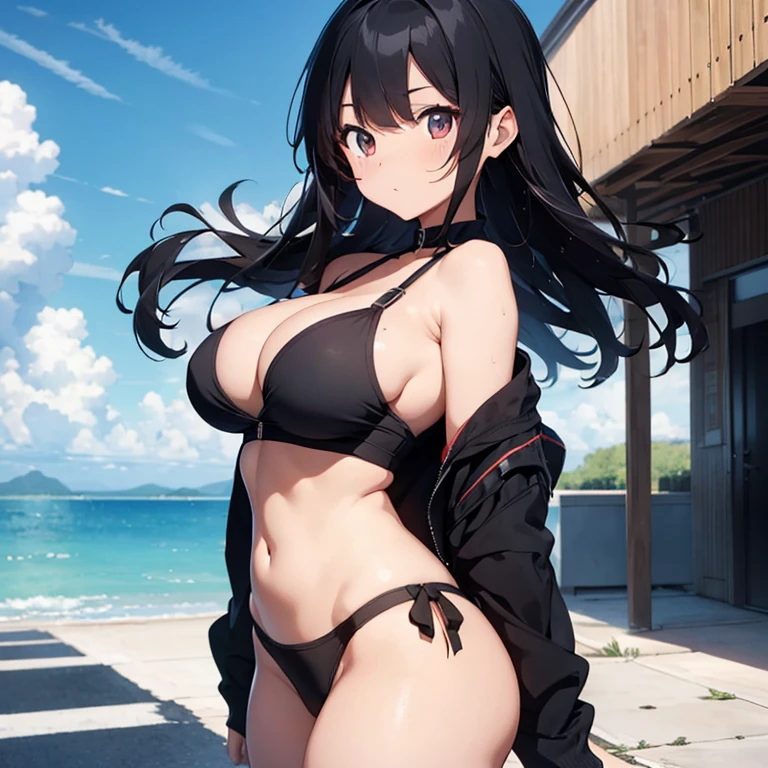 A hot black haired anime girl with big boobs and it show side boob