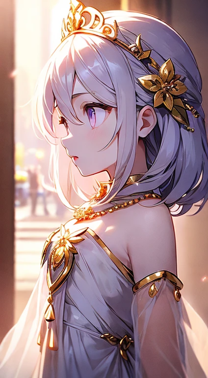 The upper part of the body、The face is front、profile、8K、realphoto、超A high resolution, Master Parts, Best Quality, nffsw , cinematic images,Lovely girl、ann、16 only、Anglo-Saxon、二重まぶた、drooing eyes、Very big eyes、Eyes purple、Dark eye shadow、The lips are very thin、The tip of the nose stretches beautifully........................、the tip of the nose is small,,,,, ighly detailed , Silver hair、Straight short hair、ssmile、 Sweet look 、a very beautiful woman、legs are long、 Very clear shadows , jewely , A sexy , A detailed eye, very intricate, shiny skins , Perfect Brilliant, Perfect Lighting, Dramatic shadows、White tiara on head、Gold necklace around the neck、White aristocratic dress with gold embroidery、