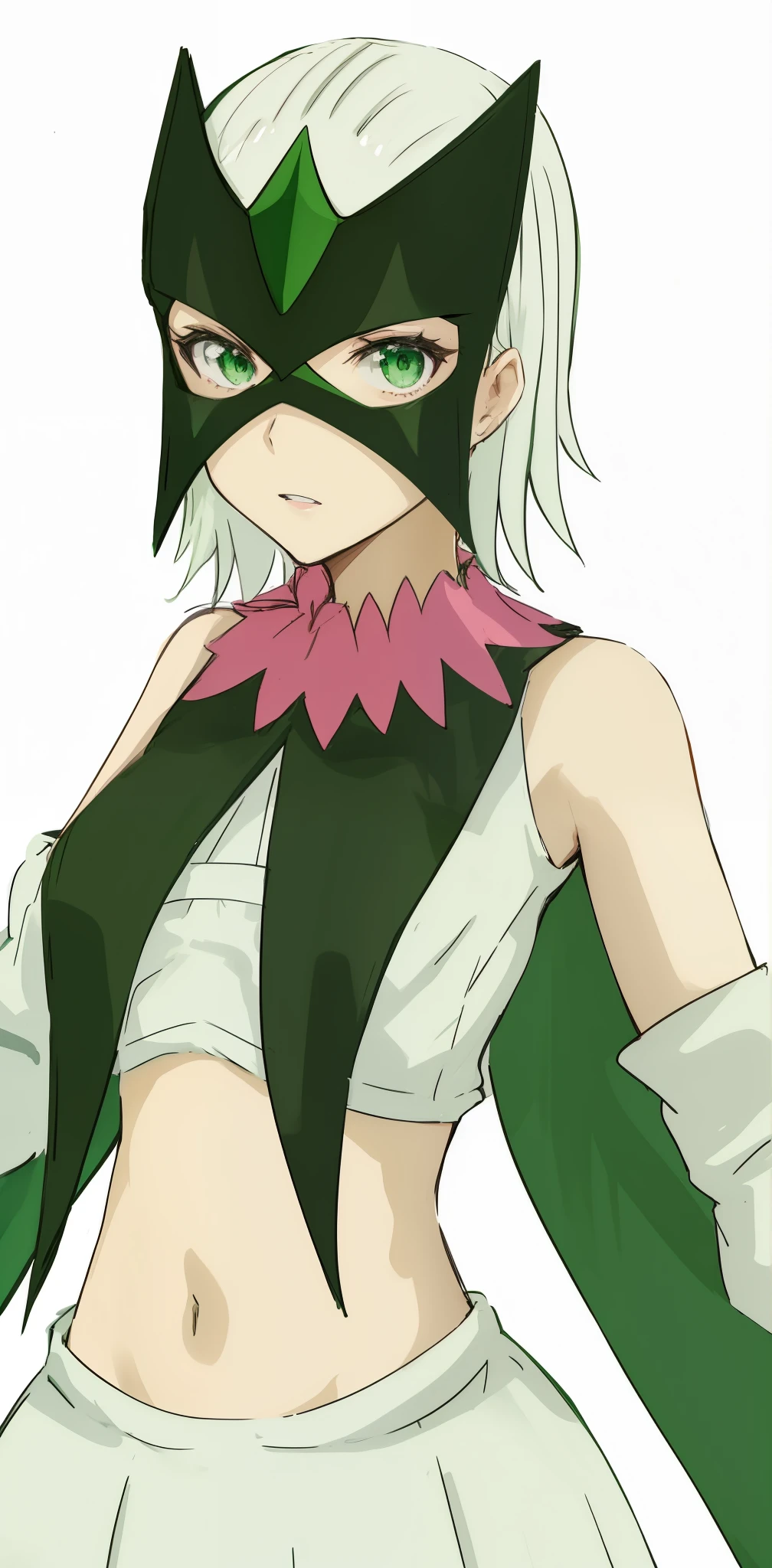 anime girl in a green cape and white dress with a pink collar,