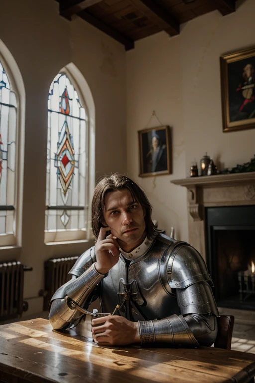 Editorial style photo , European man 40 years old sitting at a wooden table, dressed as a knight of the Middle Ages, wearing metallic shiny armor, no helmet, dagger in hand, in a traditional castle hall with white walls and stained glass accents, crash, color palette, torches on the walls, fireplace, evening, natural light, Fujifilm, elegant, historical, 4k,--uplight,--chaos,--q5,ar16: 9,Leica Q2 camera.