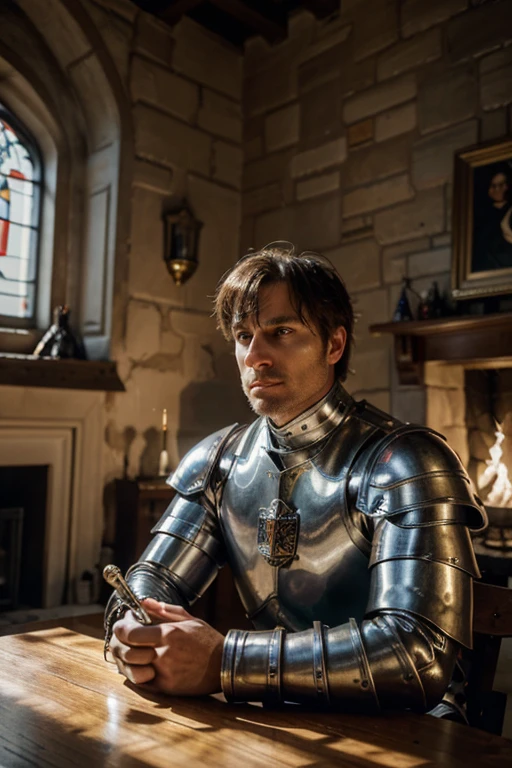 Editorial style photo , European man 40 years old sitting at a wooden table, dressed as a knight of the Middle Ages, wearing metallic shiny armor, no helmet, dagger in hand, in a traditional castle hall with white walls and stained glass accents, crash, color palette, torches on the walls, fireplace, evening, natural light, Fujifilm, elegant, historical, 4k,--uplight,--chaos,--q5,ar16: 9,Leica Q2 camera.