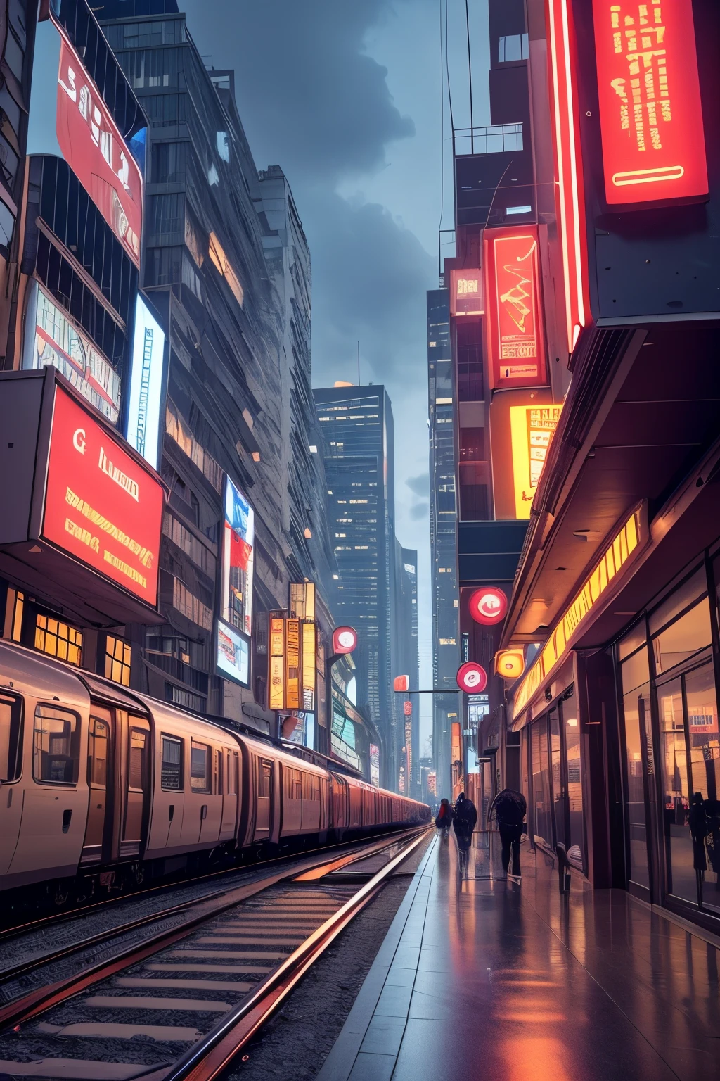((masterpiece)),((best quality)),((high detail)),((actual,)) futuristic city, building street, futuristic train line, cyberpunk, building, night, european city, rainy, neon