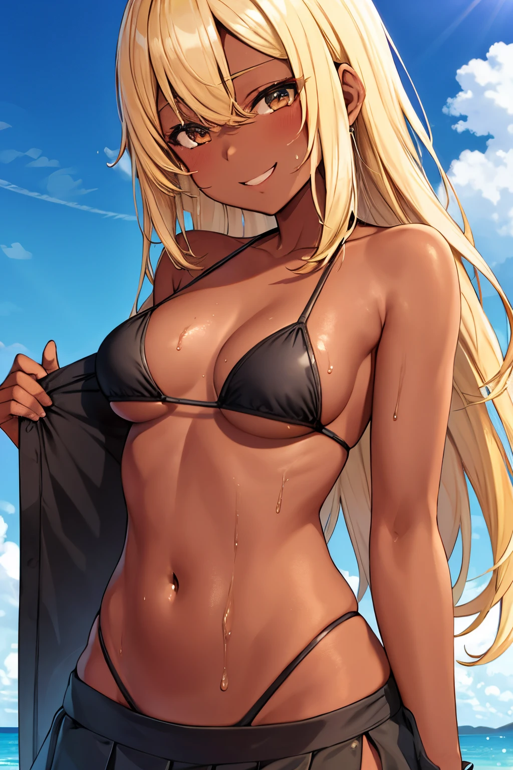 Beautiful girl, blonde, dark skin, smile, slender, sweat, wet skin, bikini, skirt, small breasts, sexy,