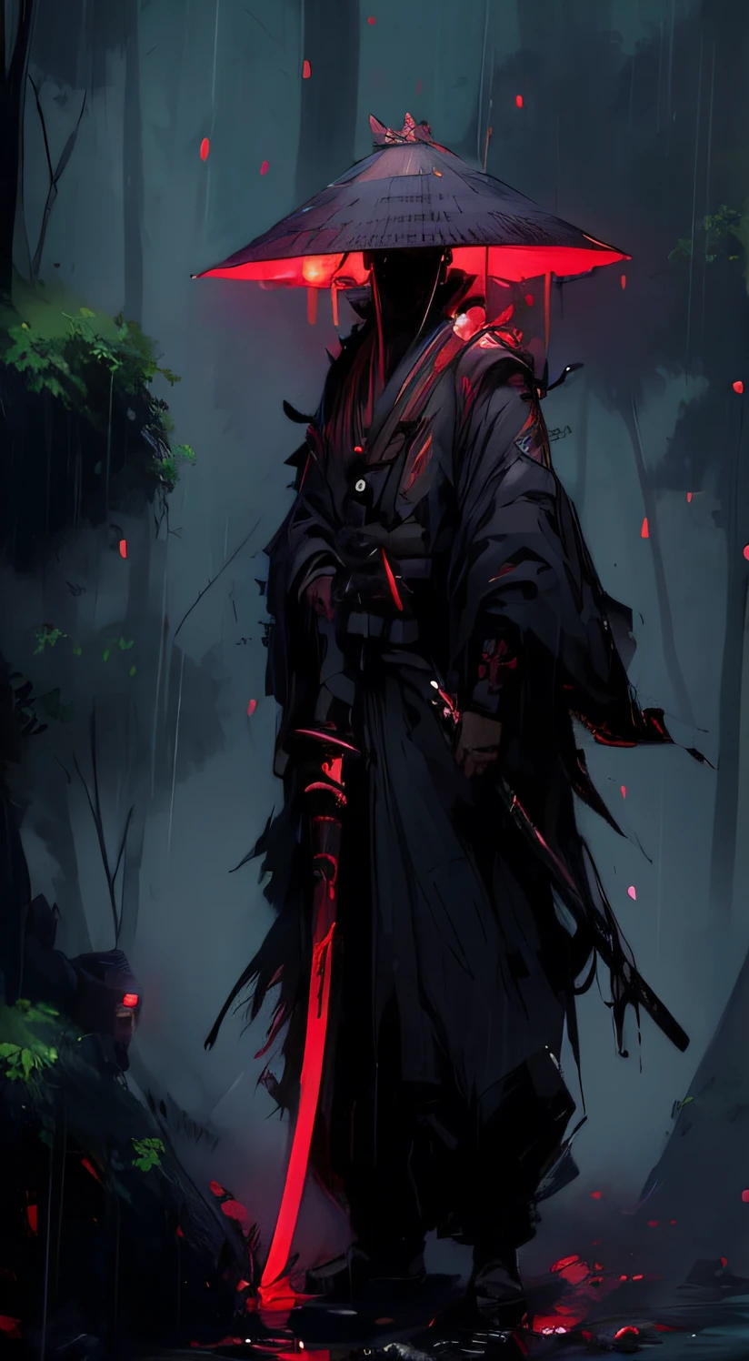 a close up of a person with a sword in a forest, cyberpunk samurai, neon samurai, very beautiful cyberpunk samurai, demon samurai, portrait of a cyberpunk samurai, benedick bana, inspired by Kanō Hōgai, inspired by Kanō Sanraku, demon samurai warrior, dark concept art, samurai jedi, badass anime 8 k, traditional japanese concept art