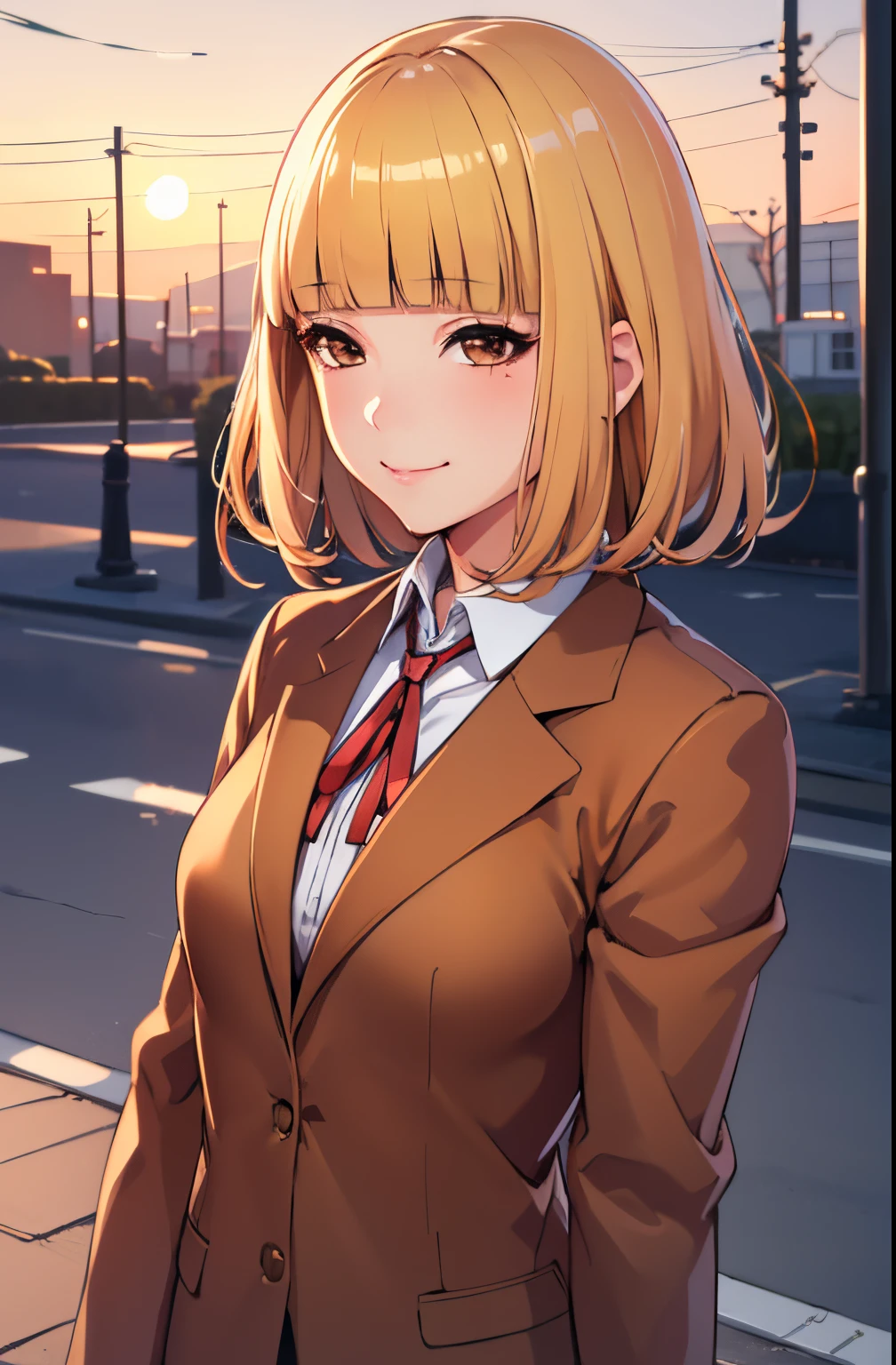 (masterpiece,best quality, detailed), 1girl, solo, outdoors, evening, upper body, smile, closed mouth, squinting, eyelashes,
midorikawa hana, brown jacket, neck ribbon, collared shirt, school uniform