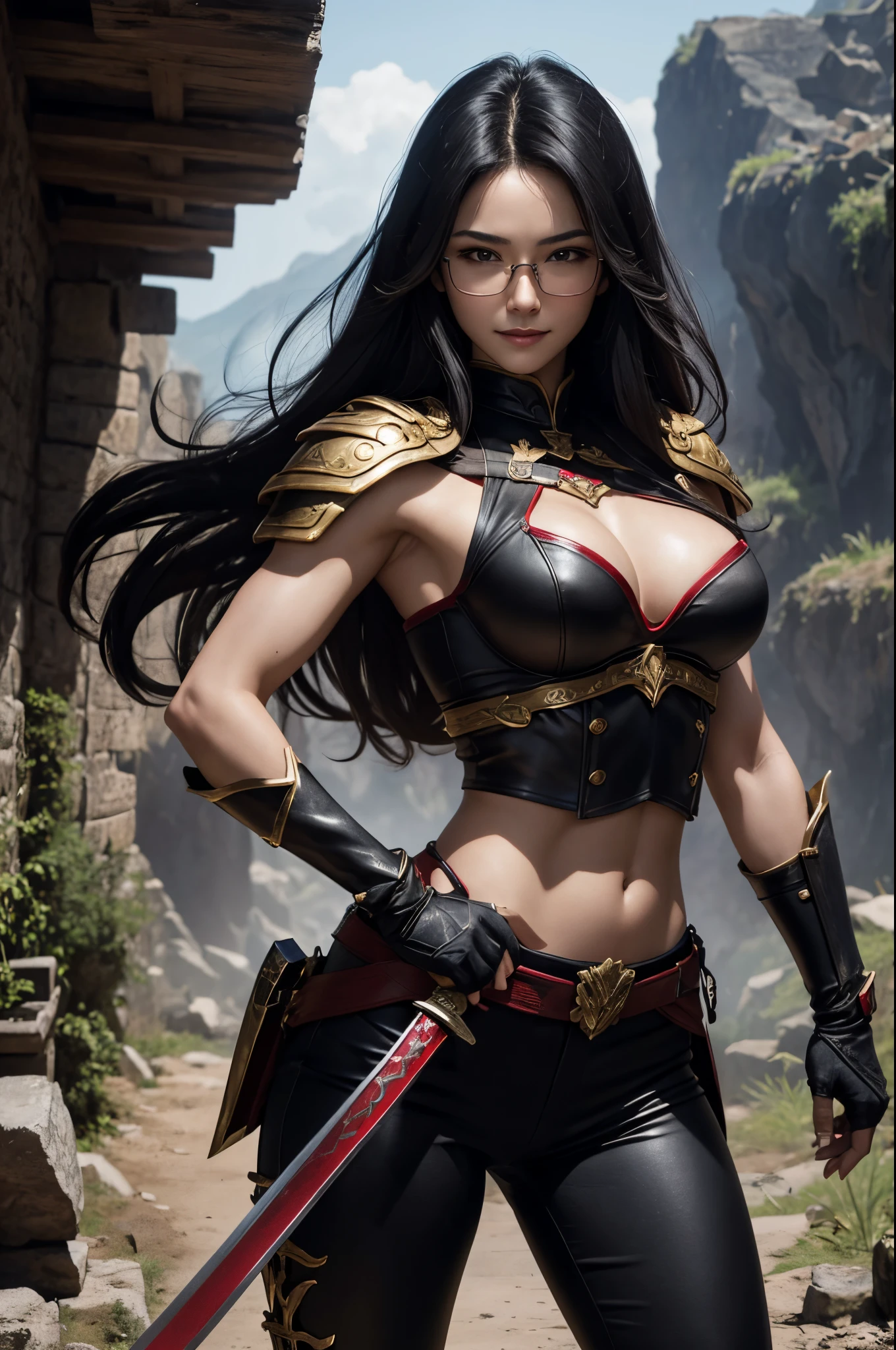 8K,very small breasts,Beautiful long black hair,A slender woman wearing luxurious red and black combat uniform is posing.,Super beauty(Like the real thing) very small breasts, lean body muscles,real looking skin,Thin glasses,cabelos preto e longos,Black eyes,red combat pants,Demon Slayer with very small breasts,digitalart, Gorgeous smiling goddess, 2 0 y. o model women, , 超A high resolution,A hyper-realistic,very small breasts,Rugged look,Fantasyart,character art,enticing,sexy with very small breasts,Outside the ruins,in mountains,a closeup,Luxurious red and black shoulder armor,Red and black gorgeous very small chest chest armor(Precise golden emblem),Japan holding a sword,combat scene,action scene,actionpose,hiquality,Precise facial detailake your expression clear),Beautiful fece,Look at viewers,Split abs,a smile,