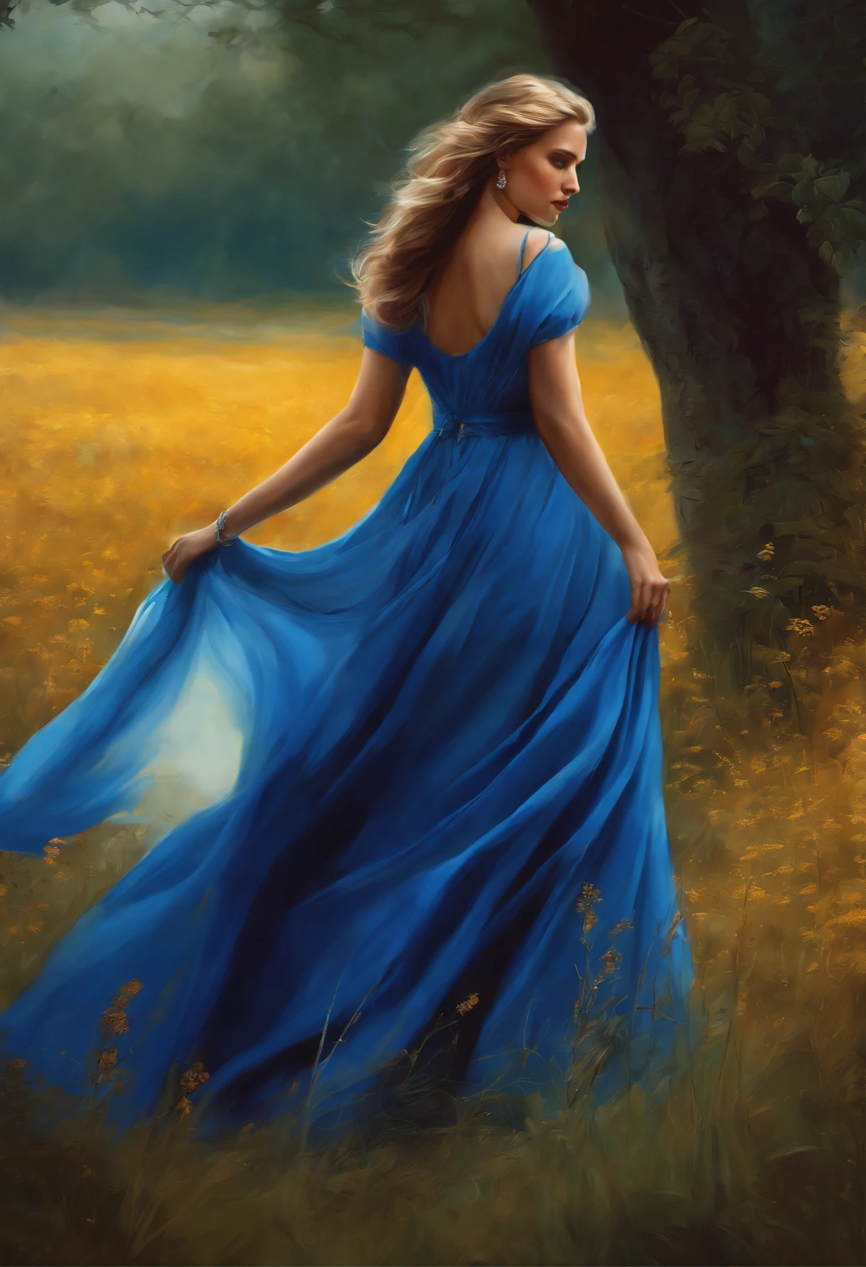 Painting of a woman in a blue dress, walking across the field., beautiful gorgeous digital art, beautiful digital painting, beautiful digital art, Very beautiful digital art, beautiful character painting, beautiful fantasy maiden, gorgeous digital painting, beautiful fantasy art, elegant digital painting, painting of beautiful, beautiful digital artwork, Beautiful fantasy picture, very beautiful fantasy art, Fantasy is beautiful, Beautiful Maiden