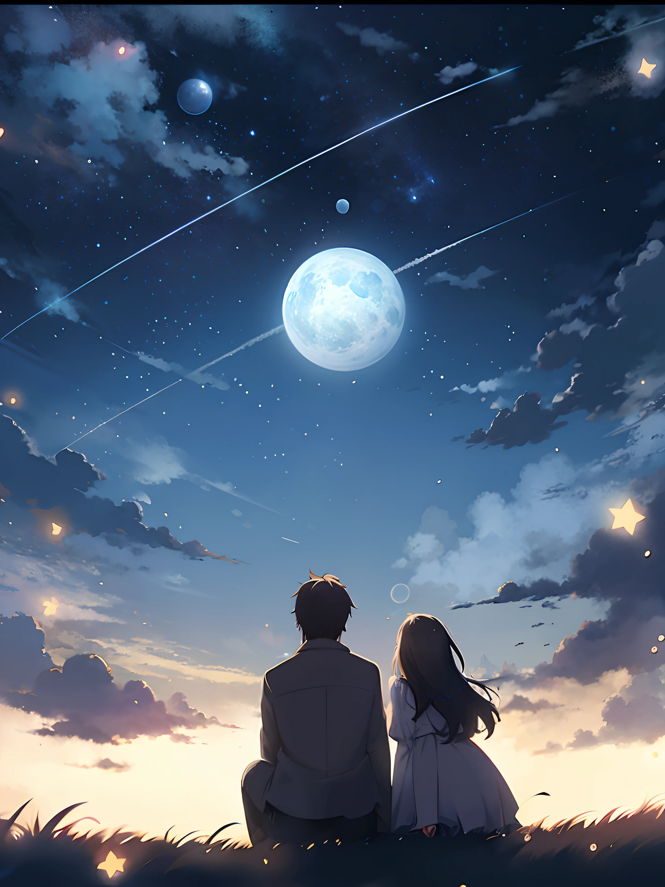 Anime couple looking at the stars in the sky, anime backgrounds, sakimichan and makoto shinkai, 4k manga wallpapers, Guweiz e Makoto Shinkai, 4K anime wallpaper, Anime background art, ( ( Makoto Shinkai ) ), Anime Sky, anime movie backgrounds, Fiona Staples e Makoto Shinkai, Anime wallpaper 4K
