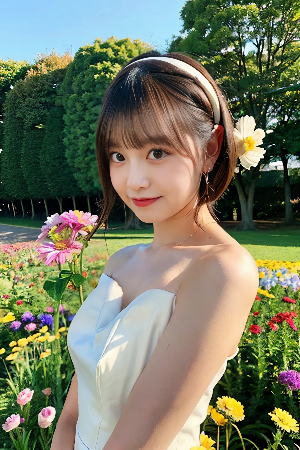 Photorealsitic、masterpiece,One 18-year-old woman、cat ear、flower  field、White dress、Shyly bite