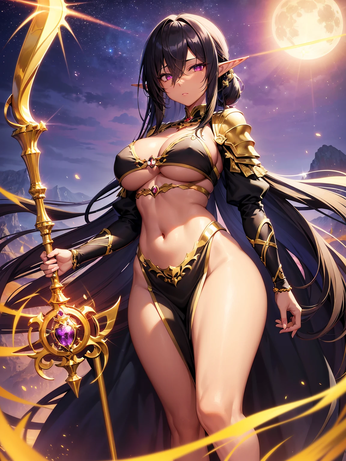 Anime style, perfect face, high resolution, ((masterpiece)), ultra detailed, 4k, portrait, ((from front)), ((1woman)), Elf, ((detailed black flowing hair tied up with golden ornament)), ((hair over one eye)), adult, mature, (((dark skin))), (bright violet eyes), stoic, (medium chest), wide hips, long legs, (Black and gold fantasy armor with exposed belly and cleavage), elegant, standing by cliff, (wielding golden magic staff in one hand), ((magical background)), night time, full moon, (mystery), dark lighting, mountain range scenery, (mist)