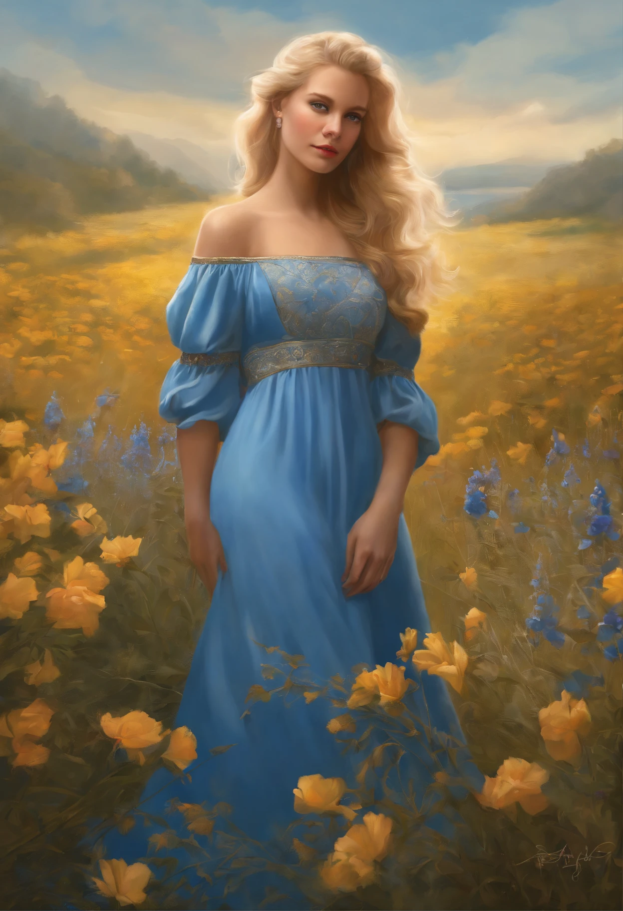 a painting, depicting a woman in a blue dress, standing among a field of flowers., beautiful fantasy maiden, beautiful gorgeous digital art, Beautiful Maiden, beautiful illustration, beautiful digital painting, beautiful digital illustration, blonde - haired princess, beautiful digital art, beautiful character painting, beautiful digital artwork, inspired by Ruth Sanderson, Very beautiful digital art, Portrait painting of a princess
