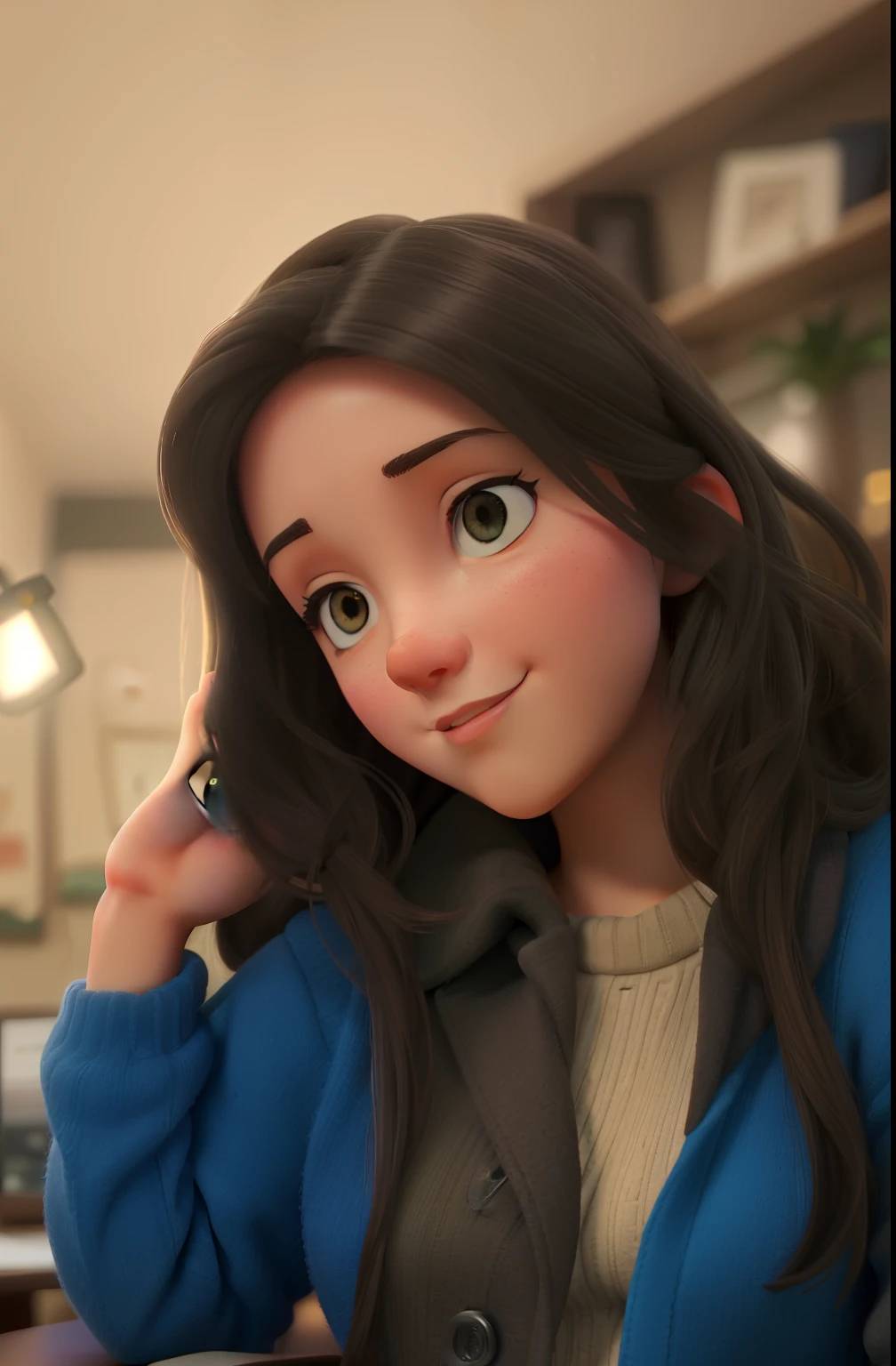 Woman in a beige sweater, segurando um controle remoto, Brilhando com luz colorida, luz ambiente violeta, luz suave vinda de cima, Retrato Lofi, Posing in dramatic light, Selfie de uma jovem mulher, Hochdetaillierte, soft-lighting, Foto selfie 8k, foto retrato suave 8 k, Taken at night with studio lights, violet volumetric lighting, Com luzes neon