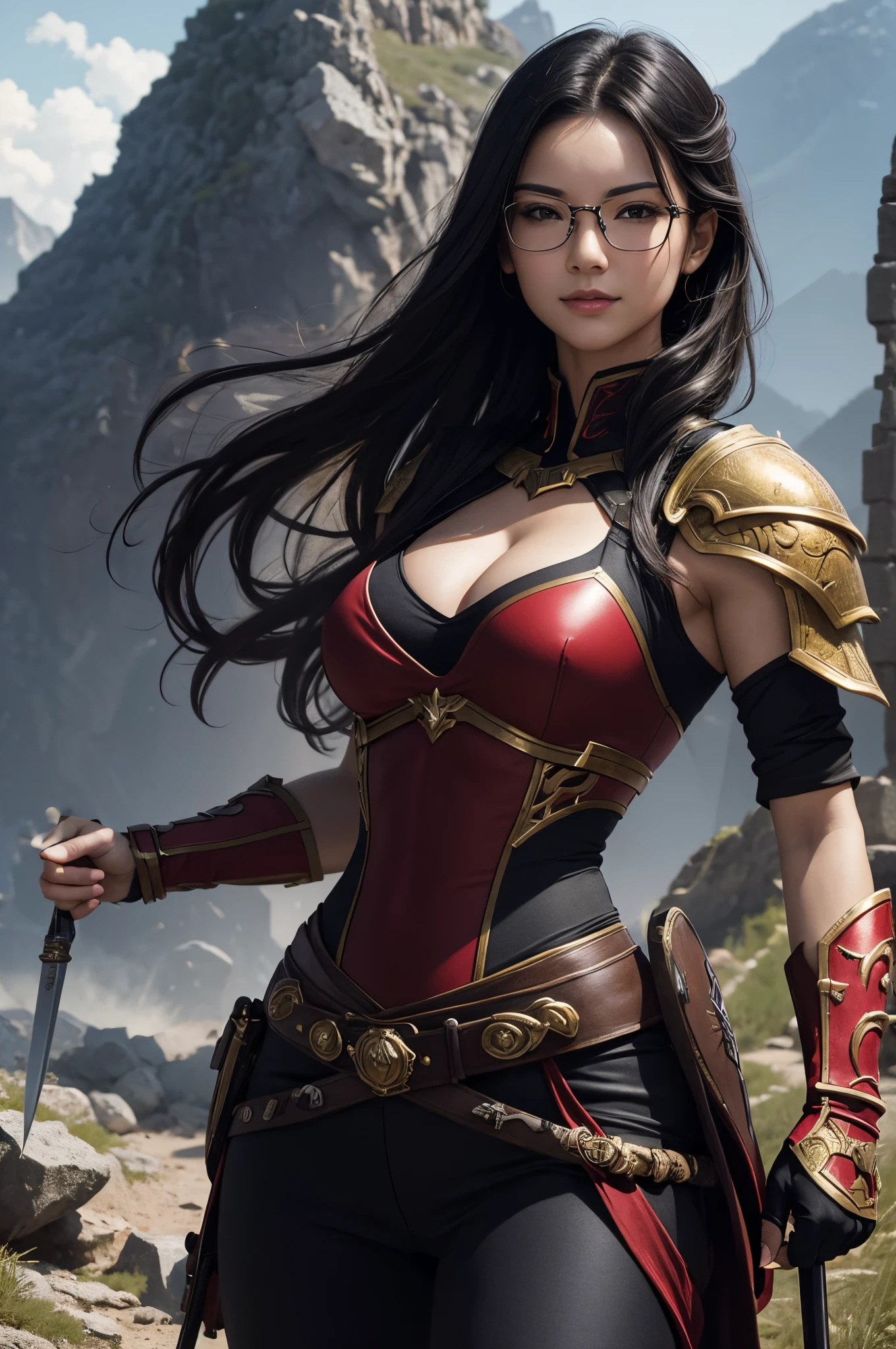 8K,very small breasts,Beautiful long black hair,A slender woman wearing luxurious red and black combat uniform is posing.,Super beauty(Like the real thing) very small breasts, lean body muscles,real looking skin,Thin glasses,cabelos preto e longos,Black eyes,red combat pants,Demon Slayer with very small breasts,digitalart, Angry gorgeous goddess, 2 0 y. o model women, , 超A high resolution,A hyper-realistic,very small breasts,Rugged look,Fantasyart,character art,enticing,sexy with very small breasts,Outside the ruins,in mountains,a closeup,Luxurious red and black shoulder armor,Red and black gorgeous very small chest chest armor(Precise golden emblem),Japan holding a sword,combat scene,action scene,actionpose,hiquality,Precise facial details,