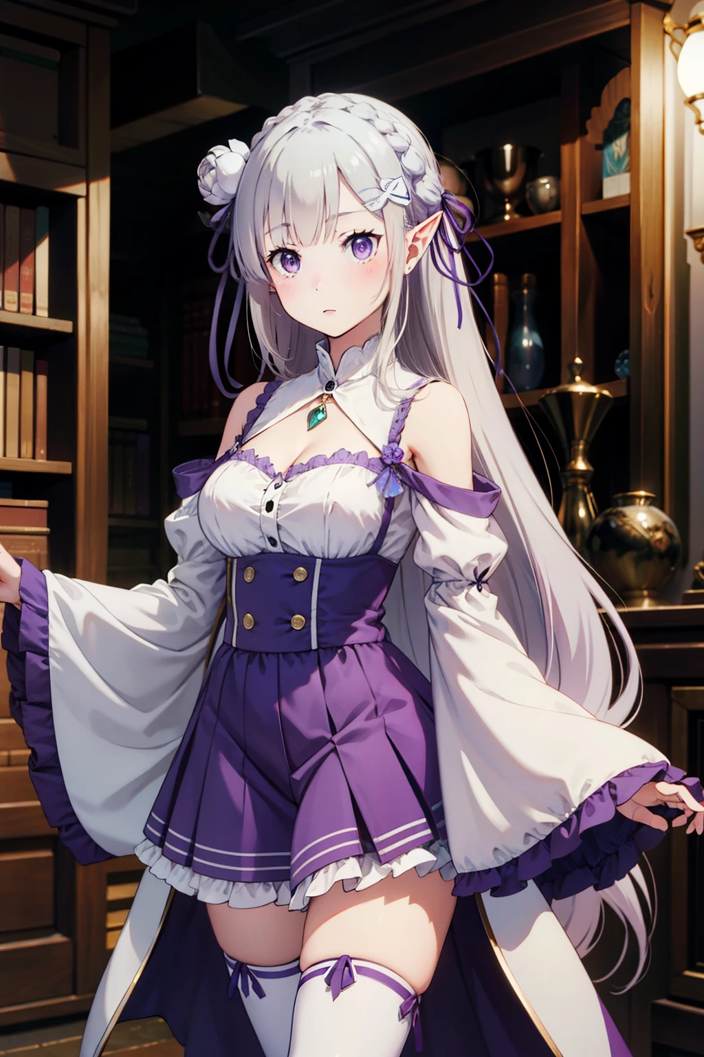 1girl, solo, Emilia, emilia_\(re:zero\), long hair, silver hair, blunt bangs, braid, hair ornament, hair flower, hair ribbon, purple ribbon, purple eyes, blush, low-tied long hair, elf, dress, bare shoulders, detached sleeves, wide sleeves, cleavage, pleated skirt, thighhights, white legwear, white shoes, outdoorasterpiece:1.2), highres, best quality, 8k, very clear,