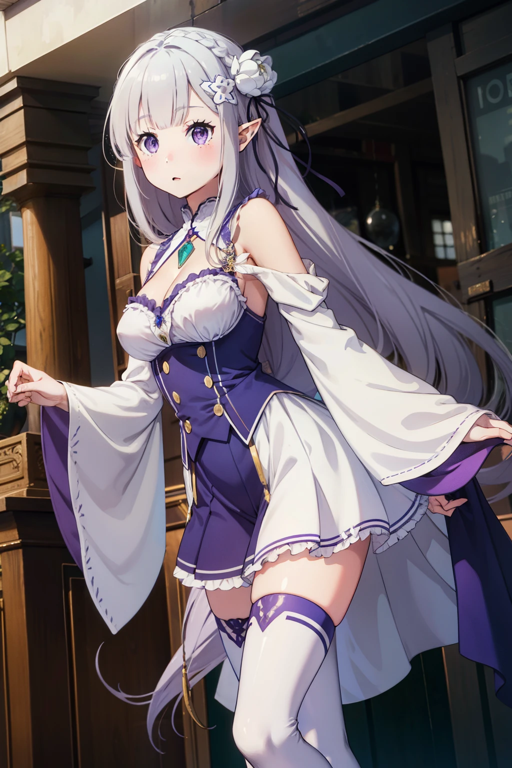 1girl, solo, Emilia, emilia_\(re:zero\), long hair, silver hair, blunt bangs, braid, hair ornament, hair flower, hair ribbon, purple ribbon, purple eyes, blush, low-tied long hair, elf, dress, bare shoulders, detached sleeves, wide sleeves, cleavage, pleated skirt, thighhights, white legwear, white shoes, outdoorasterpiece:1.2), highres, best quality, 8k, very clear,