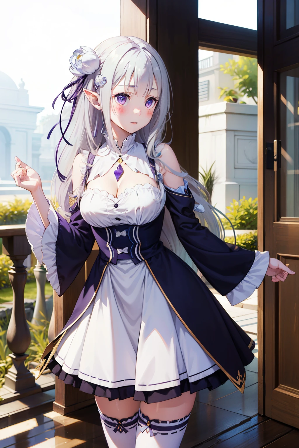 1girl, solo, Emilia, emilia_\(re:zero\), long hair, silver hair, blunt bangs, braid, hair ornament, hair flower, hair ribbon, purple ribbon, purple eyes, blush, low-tied long hair, elf, dress, bare shoulders, detached sleeves, wide sleeves, cleavage, pleated skirt, thighhights, white legwear, white shoes, outdoorasterpiece:1.2), highres, best quality, 8k, very clear,