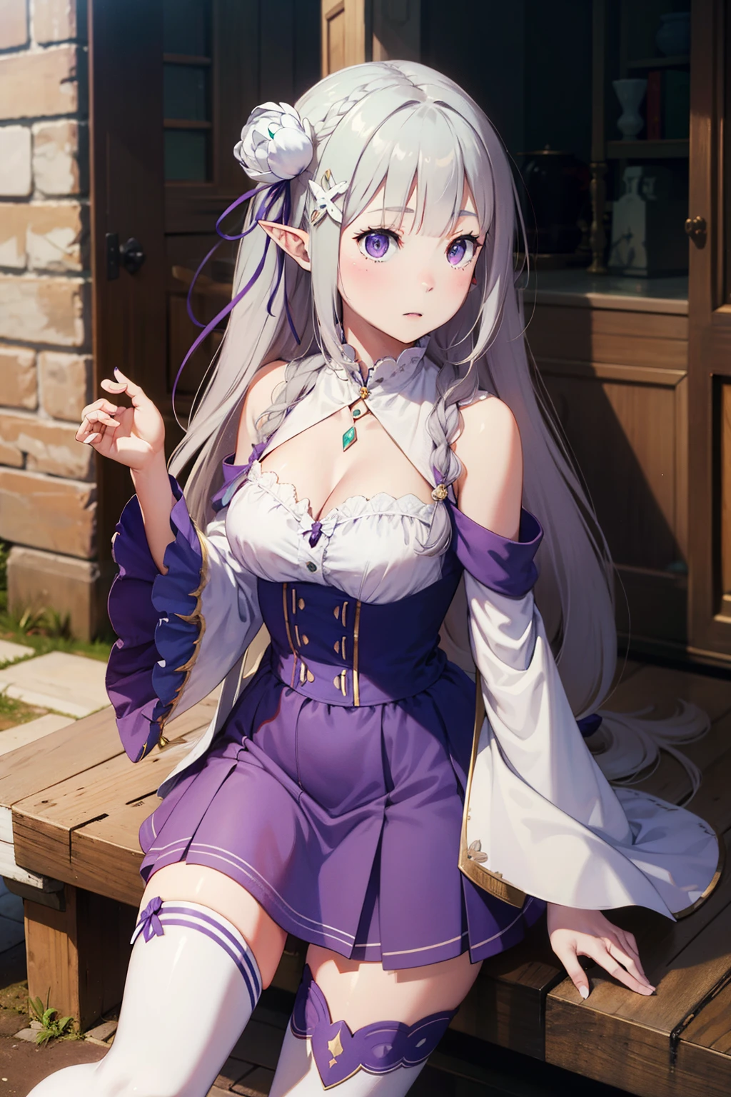 1girl, solo, Emilia, emilia_\(re:zero\), long hair, silver hair, blunt bangs, braid, hair ornament, hair flower, hair ribbon, purple ribbon, purple eyes, blush, low-tied long hair, elf, dress, bare shoulders, detached sleeves, wide sleeves, cleavage, pleated skirt, thighhights, white legwear, white shoes, outdoorasterpiece:1.2), highres, best quality, 8k, very clear,