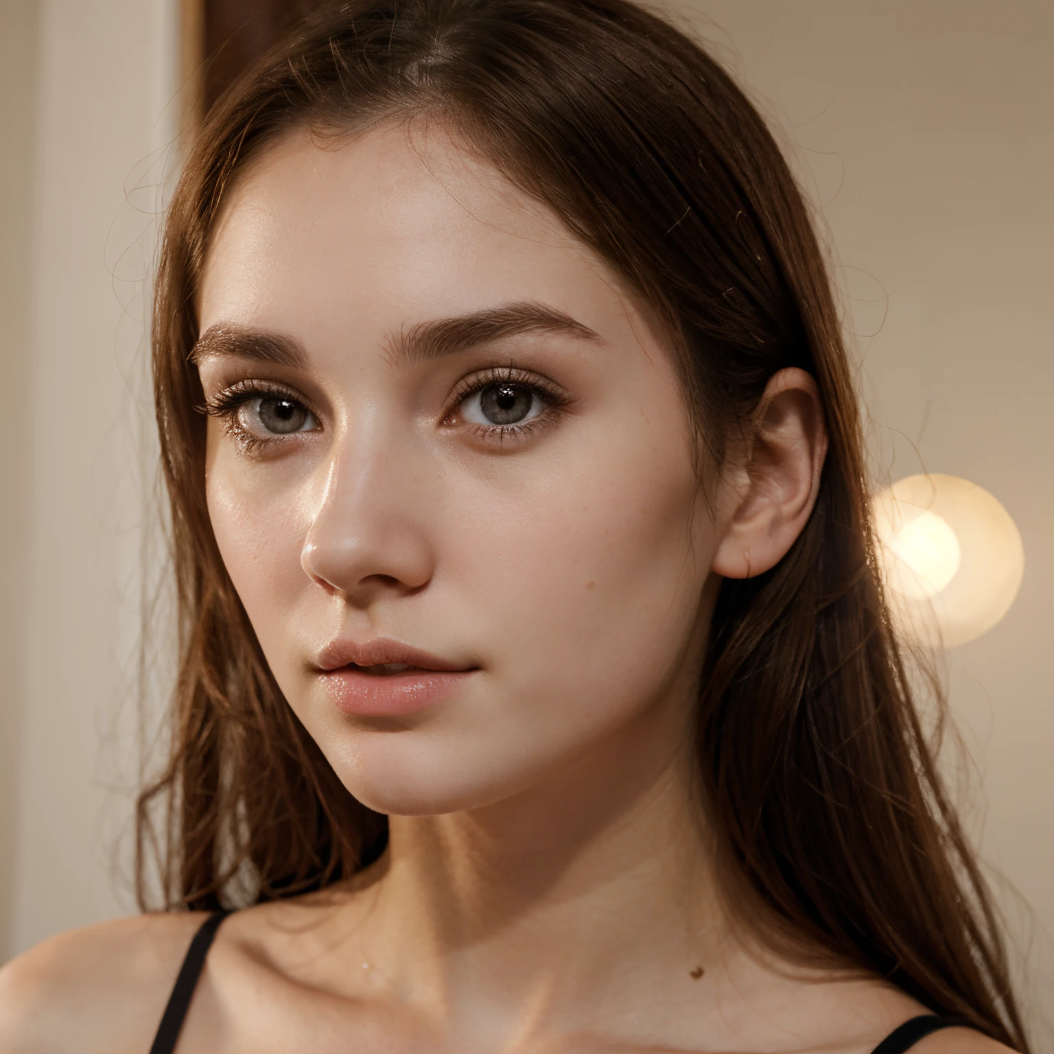 Girl, thin nose, thin lips, pale skin, defined jaw, light eyes, brown hair