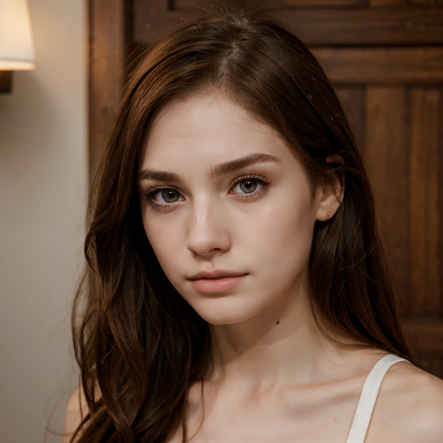 Girl, thin nose, thin lips, pale skin, defined jaw, light eyes, brown hair