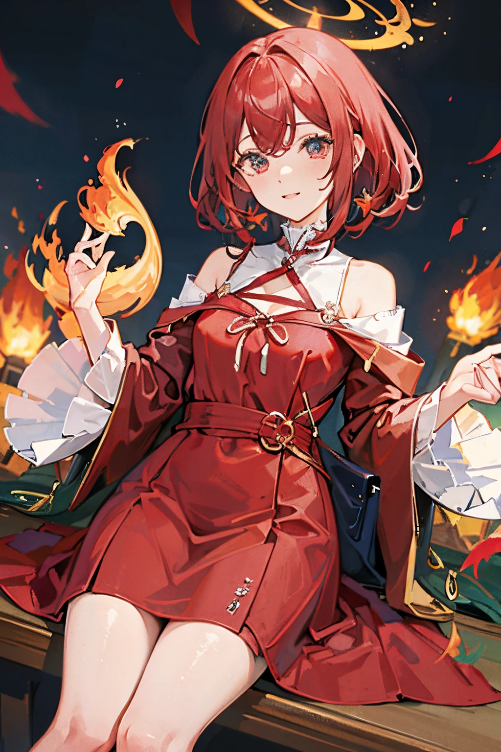 Vestido de fuego, Pelo rojo, llamas alrededor del fondo.