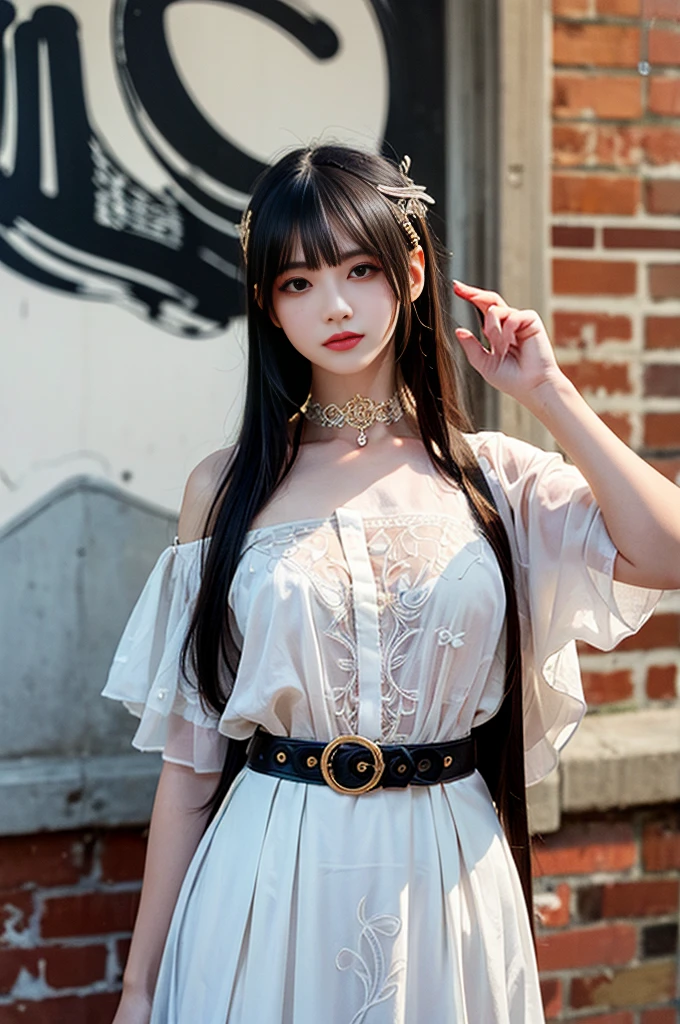 ultra realistic 8k cg, masterpiece, ((ultra detailed background, delicate pattern, intricate detail)), best quality, intricate details, chromatic aberration, 1girl, long hair, golden hair, messy hair, red highlights, hair over one eye, sharp eyes, choker, brick wall, graffiti, dim lighting, alley, oversized shirt,off shoulder, see through white shirt, Masterpiece, best quality