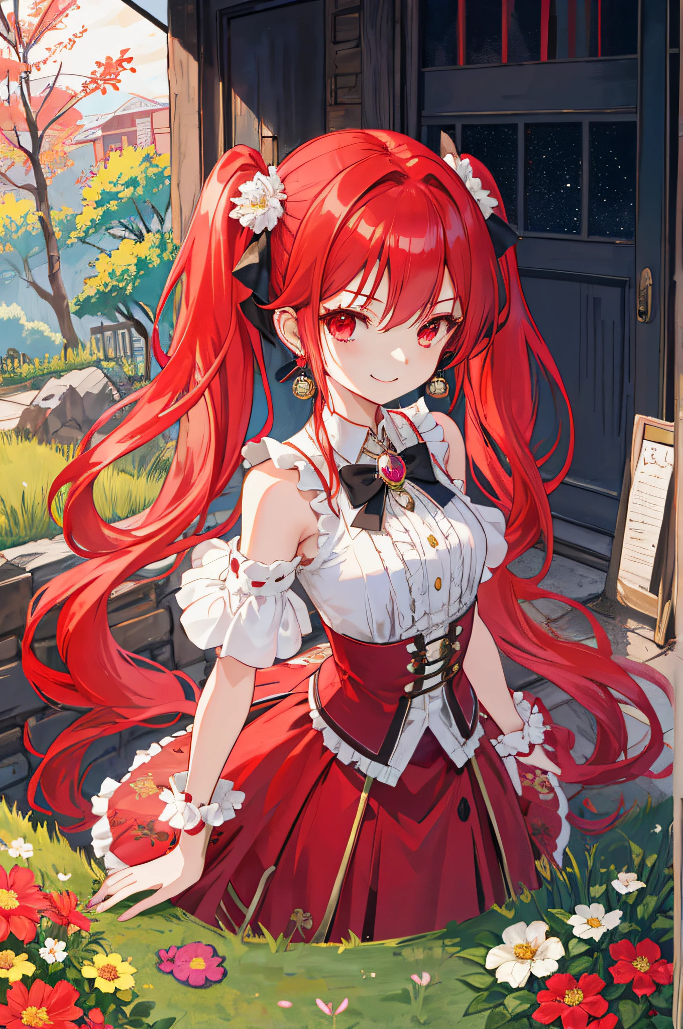 {{Eroge,Game CG,High quality game CG},{{{1girl in}}},{{masutepiece}}, {{{Best Quality}}}, {{Ultra-detailed}}, {{Illustration}},,{{magical  girl}},brooches,,Lori,Petite, {{disheveled hair}},,Big hair, Gradient Hair,Small breasts,,,Drill Hair, {pocket watch},absurdly long hair, Dreadlocks, Red hair, Red hair,Red hair,Gradient Hair,((Evil smile)), v shaped_eyebrows, zettai_ryouiki,,,, floral print and pleated skirt. Add accessories like fringed earrings or a statement necklace.、Complete the look. Gather on the grassland with adventurers,fantasy meadow background,((Shoulders and arms are exposed)),(Evil smile),Furious,(Evil smile),(loli gl),(loli gir,Jewel-like red eyes,(Arms Exposed),((high twintails)),Twin-tailed,loli girl,((Upper body)),(face and eyes),