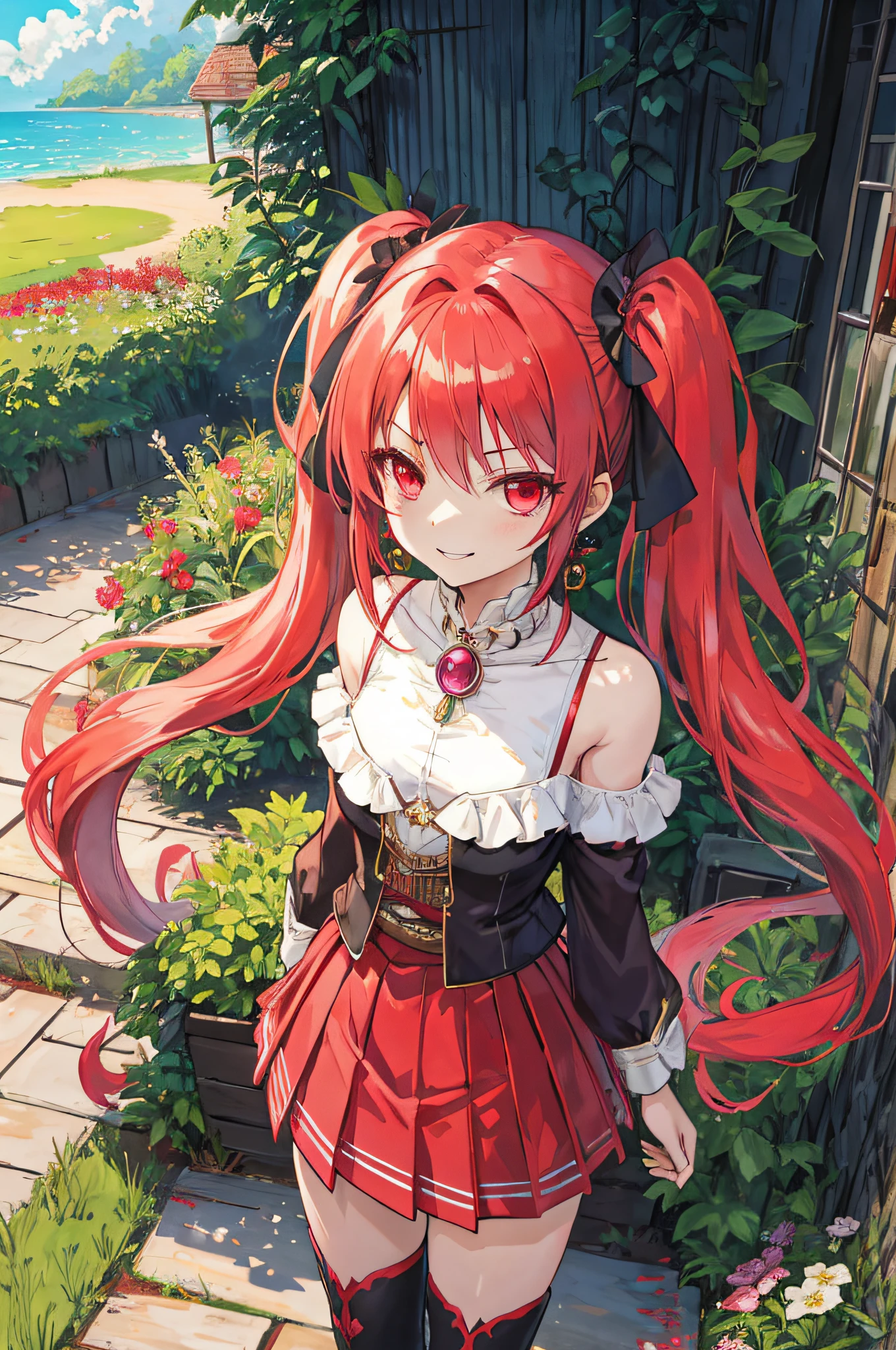 {{Eroge,Game CG,High quality game CG},{{{1girl in}}},{{masutepiece}}, {{{Best Quality}}}, {{Ultra-detailed}}, {{Illustration}},,{{magical }},brooches,,Lori,Petite, {{disheveled hair}},,Big hair, Gradient Hair,Small breasts,,,Drill Hair, {pocket watch},absurdly long hair, Dreadlocks, Red hair, Red hair,Red hair,Gradient Hair,((Evil smile)), v shaped_eyebrows, zettai_ryouiki,,,, floral print and pleated skirt. Add accessories like fringed earrings or a statement necklace.、Complete the look. Gather on the grassland with adventurers,fantasy meadow background,((Shoulders and arms are exposed)),(Evil smile),Furious,(Evil smile),(loli girl),i girl),Jeweke red eyes,(Arms Exposed),((high twintails)),Twin-tailed,loli girl,((Upper b),