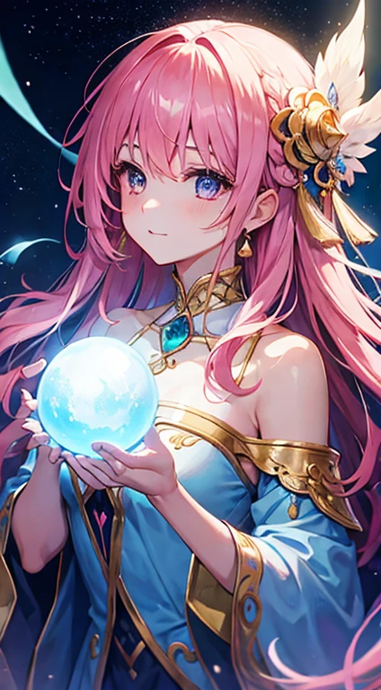 Beautiful magical woman holding an orb in her hand、Hair is pink、Eyes are blue