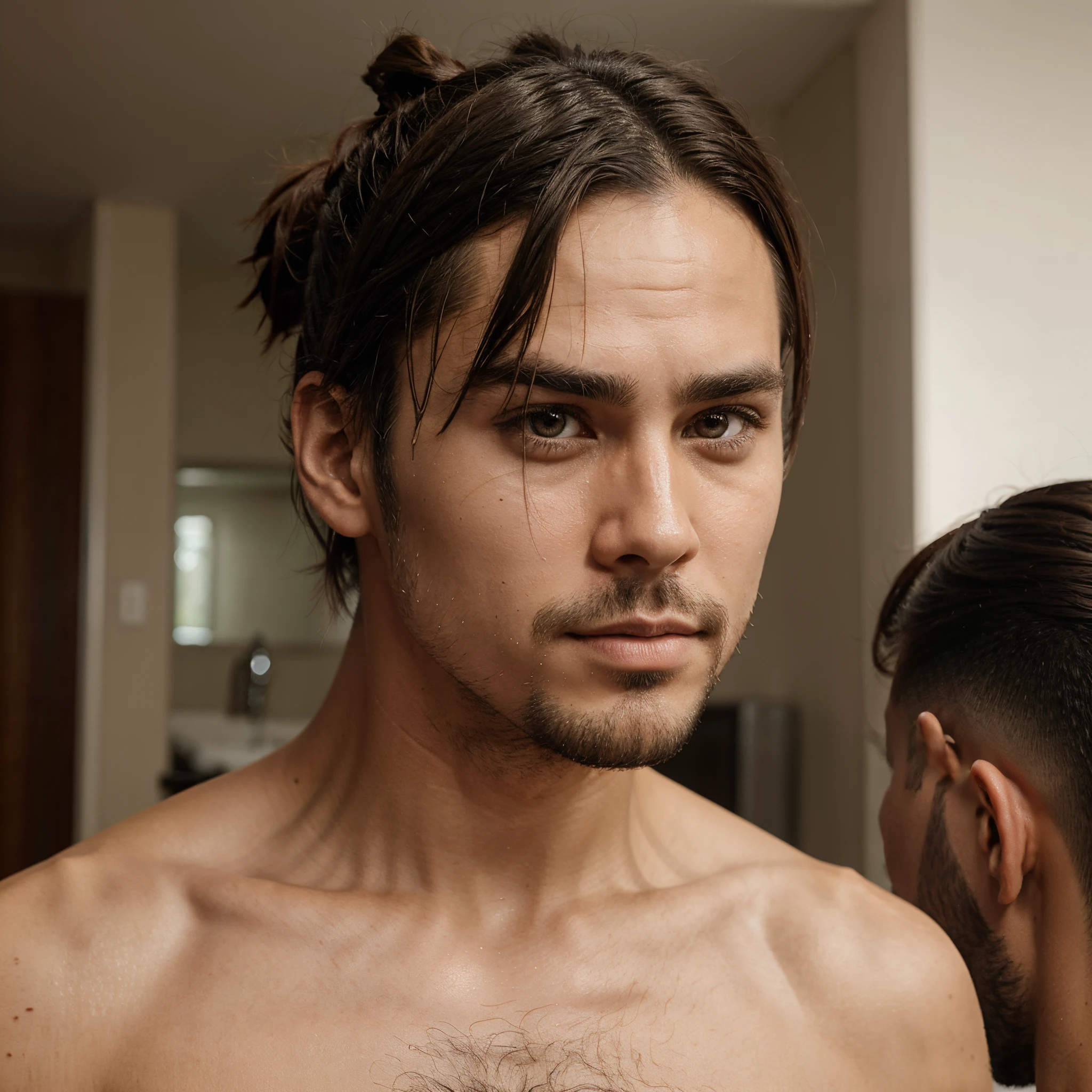 Realistic man bun, eren eager style hair cut, wolf cut, a few hair strands on the front of the face