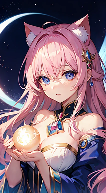 Beautiful magical woman holding an orb in her hand、Hair is pink、Eyes are blue、It has cat ears