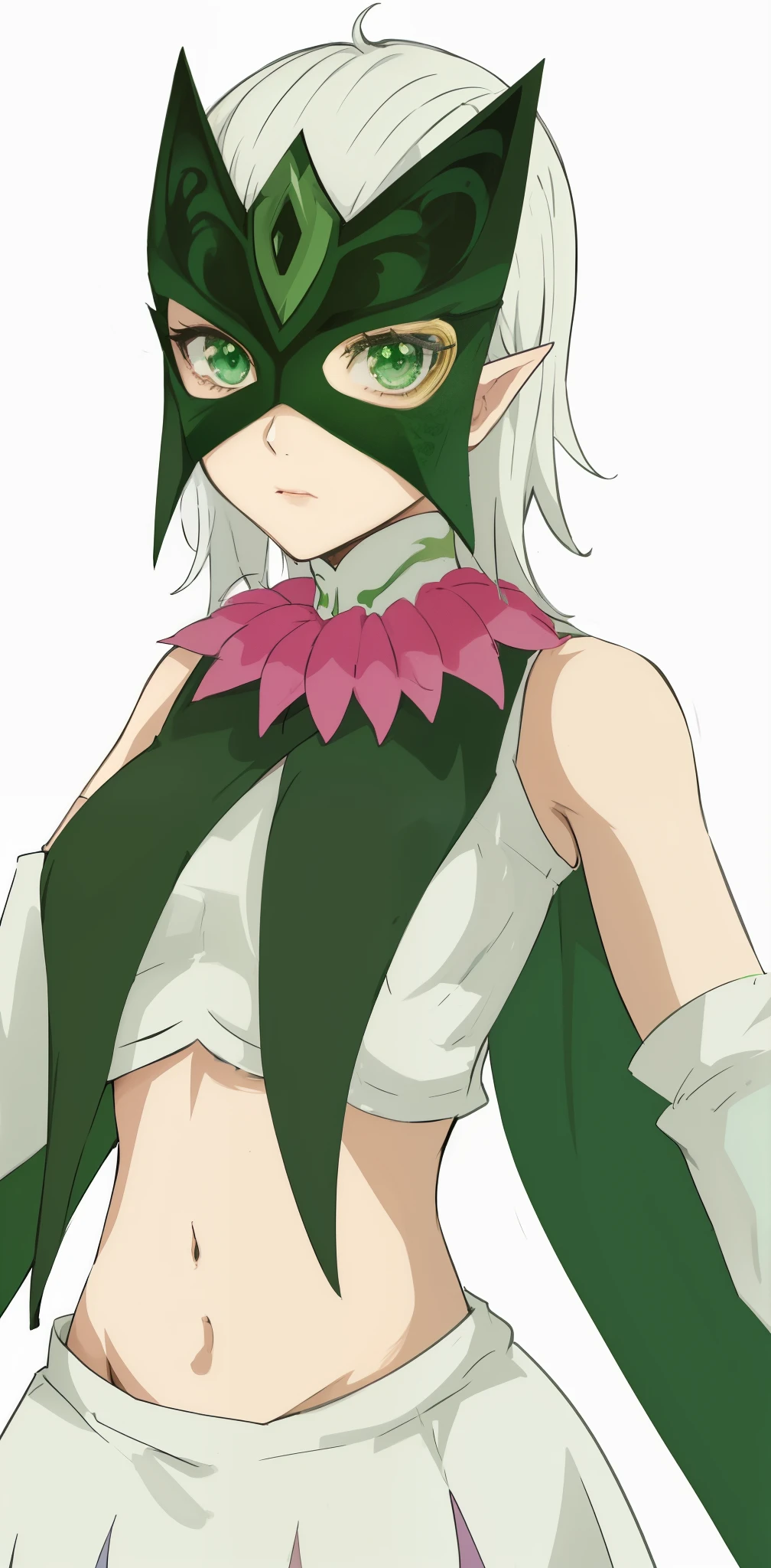 anime girl with white hair and green eyes wearing a green mask and pink collar, rogue anime girl, elf girl wearing an flower suit, portrait of a female anime hero, anime character, elf girl, female anime character, jrpg character,