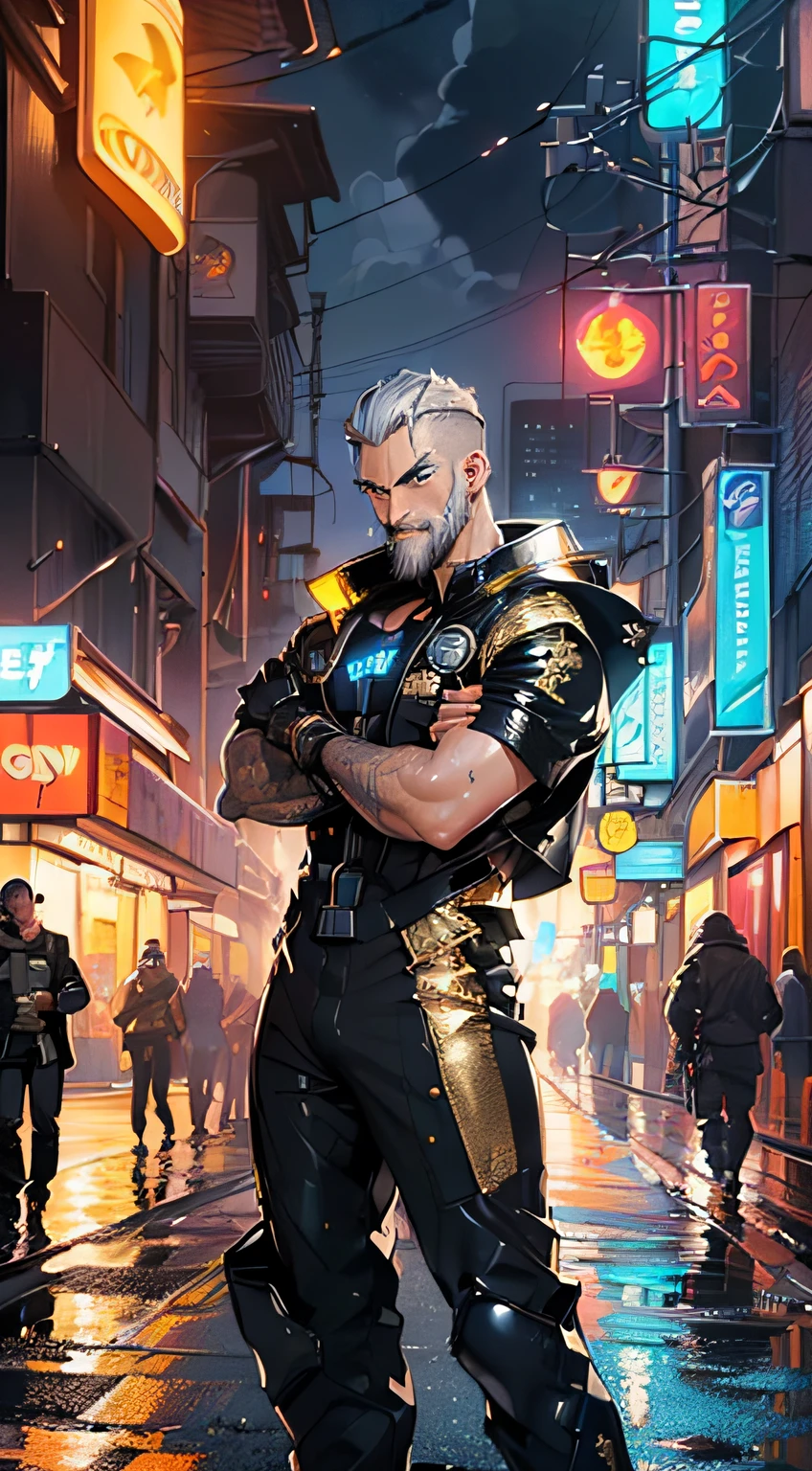 (man:1.5),1 man,space adventure man,(((1man))),
(((1male,man:1.5,handsome man,male,male gender:1.5,male focuacho man,old man,big muscle, pectoral, big pectoral, muscular, Mature man,45 year old man,,1 man, old macho man
(((black suit with gold addons))),(((short gray hair, slicked hair, gray hair))),(((gold space suit))),(((evil smile, evil look))),(((cyberpunk city by the ocean at night with bright neon signs and dark stormy clouds and puddles))),(((vibrant colors)))
((short gray hair,slicked hair,gray hair)),(((lustrous skin:1.5,tanned skin,bright skin: 1.5,skin tanned,shiny skin,very shiny skin,shiny body,illuminated skin))),(((blue_eyes:1.2))),intricate eyes,beautiful detailed eyes,symmetrical eyes,man chest,handsome face,(((white very short beard, silver very short beard))),((muscular,hairy body,muscular man)),(((detailed face))),
alluring look,nsfw,Viking, barbarian,
black space suit pantulge in pantlack space suit outfit, gold space suit,short sleeve black spacesuit)),(wearing a black space suit outfit:1.3,black space suit clothes),((wet clothes,intricate outfit,intricate clothes)),
(dynamic pose:1.0),solo focus,((evil smile,evil look)),(centered,scale to fit dimensions,Rule of thirds),
cyberpunk city by the ocean at night, with bright neon signs and dark stormy clouds and puddles, scenery:1.25,
highres, sharp focus, (ultra detailed, extremely detailed), (photorealistic artwork:1.37),(extremely detailed CG unity 8k wallpaper),((synthwave background theme)),(((vibrant colors))),(intricate background),(masterpiece),(best quality),