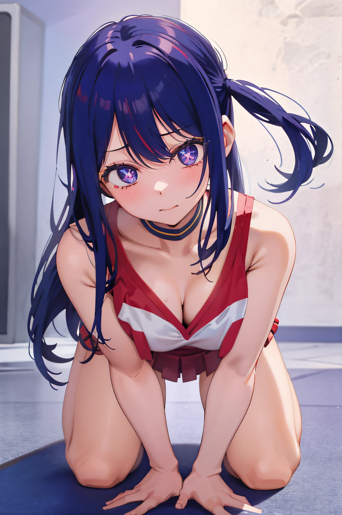 Hoshino Ai,one girls、girl with,Do-up、SEX、Crown Half Up Hairstyles,Young features、Put your hands on the ground、Keep both knees on the ground、all-fours、Lewd face、big bouncy chest、cheer girl、bright blue-purple hair、Cheerleader Costumes,masturbation material、、NSFW、pretty skin、hightquality、masutepiece、Ultimate Breasts、erotic body line,sexypose、dye one's cheeks red,Ecstatic look