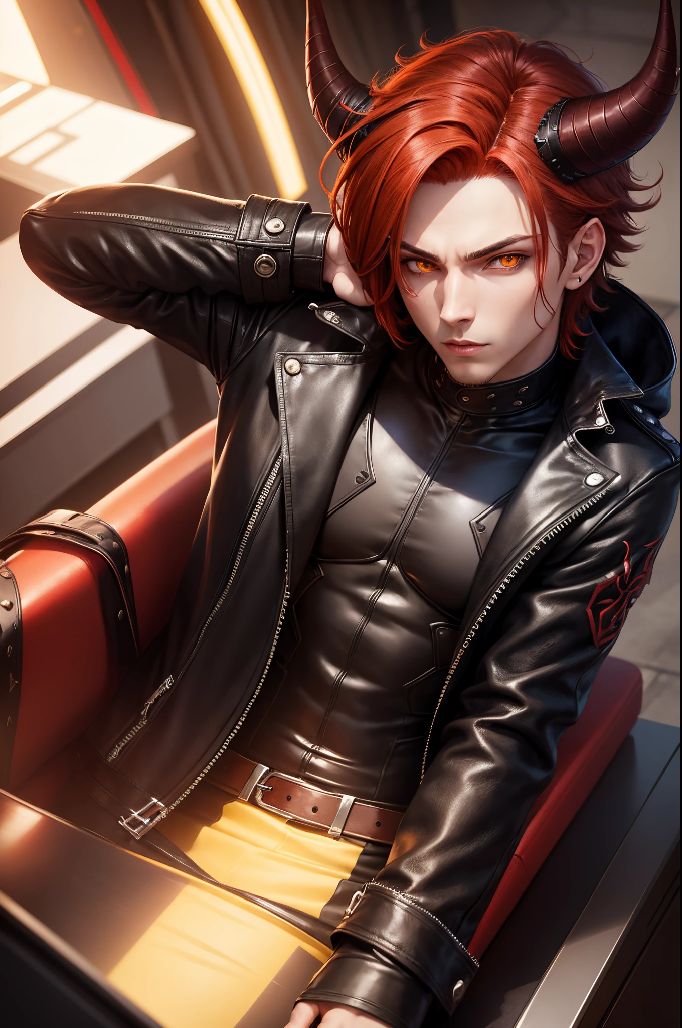 incubus, male, vtuber model, reddish hair, bright yellow eyes, leather clothing, seductive face and gaze, small red horns