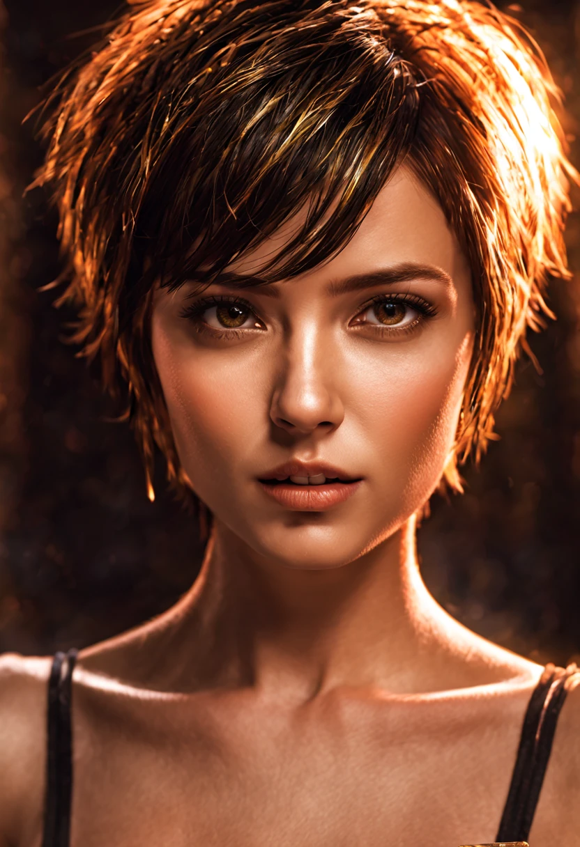 (masterpiece), 1girl, short hair, gold energy unleashed, upper body shot, dark, HDR, highly detailed, 32k, looking at viewer, perfect face feature,