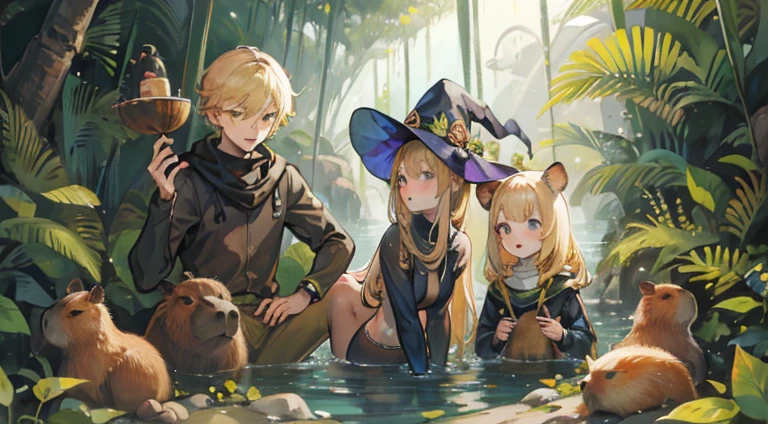 2 Girls & 1 boy. 1 Jungle Queen, Boy with Submarine Suit, and Lastly a Witch, Jungle Queen should have Capybaras & Melons, Blonde Hair, & the Witch should have brown hair