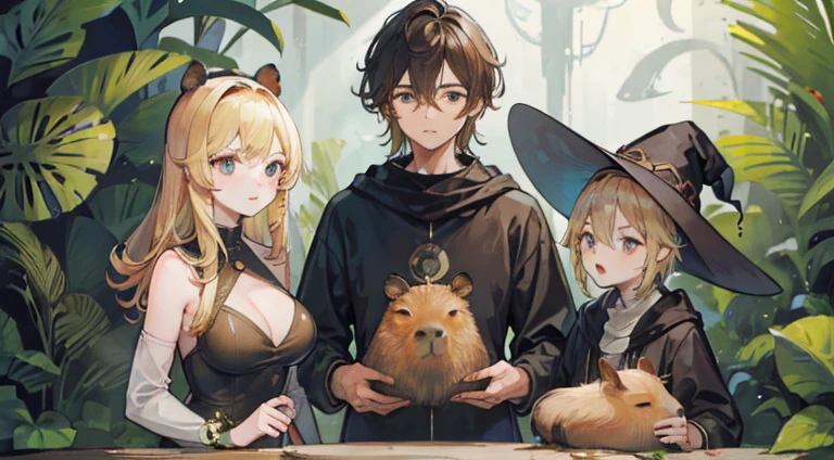 2 Girls & 1 boy. 1 Jungle Queen, Boy with Submarine Suit, and Lastly a Witch, Jungle Queen should have Capybaras & Melons, Blonde Hair, & the Witch should have brown hair