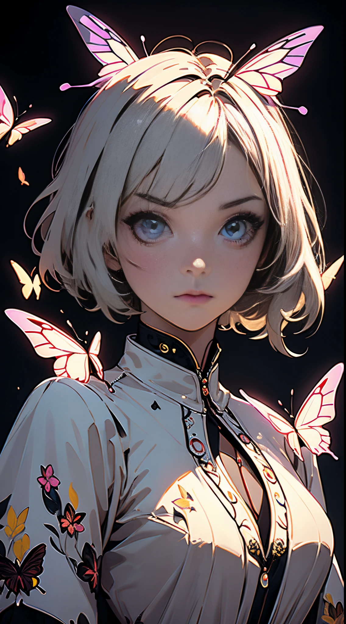 Close up, 1 girl, short hair , symmetrical detailed face, detailed hands, billowing white dress, surrounded by neon butterflies, 8k, highly detailed, chiaroscuro, masterpiece