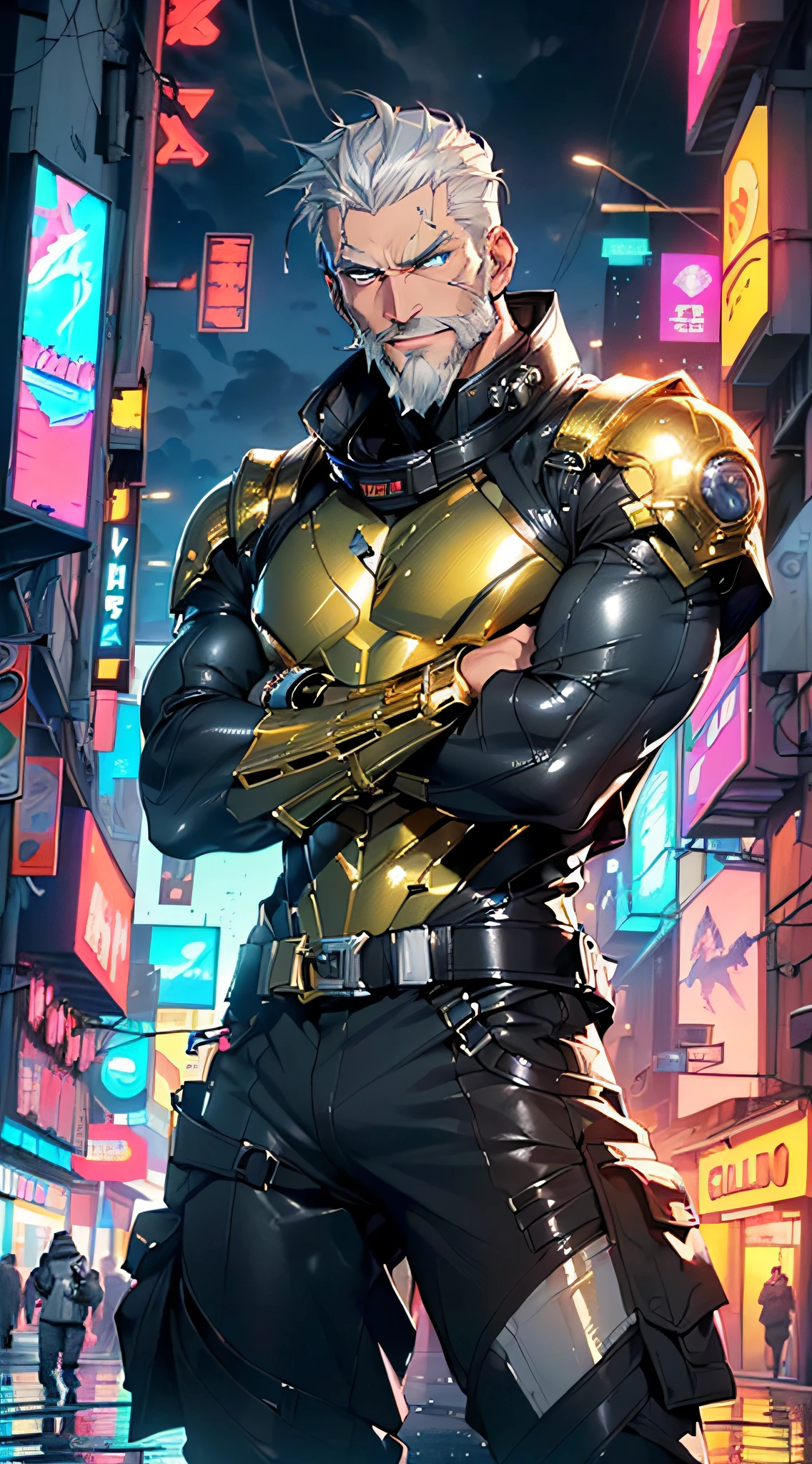 (man:1.5),1 man,space adventure man,(((1man))),
(((1male,man:1.5,handsome man,male,male gender:1.5,male focuacho man,old man,big muscle, pectoral, big pectoral, muscular, Mature man,45 year old man,,1 man, old macho man
(((black suit with gold addons))),(((short gray hair, slicked hair, gray hair))),(((gold space suit))),(((evil smile, evil look))),(((cyberpunk city by the ocean at night with bright neon signs and dark stormy clouds and puddles))),(((vibrant colors)))
((short gray hair,slicked hair,gray hair)),(((lustrous skin:1.5,tanned skin,bright skin: 1.5,skin tanned,shiny skin,very shiny skin,shiny body,illuminated skin))),(((blue_eyes:1.2))),intricate eyes,beautiful detailed eyes,symmetrical eyes,man chest,handsome face,(((white very short beard, silver very short beard))),((muscular,hairy body,muscular man)),(((detailed face))),
alluring look,nsfw,Viking, barbarian,
black space suit pantulge in pantlack space suit outfit, gold space suit,short sleeve black spacesuit)),(wearing a black space suit outfit:1.3,black space suit clothes),((wet clothes,intricate outfit,intricate clothes)),
(dynamic pose:1.0),solo focus,((evil smile,evil look)),(centered,scale to fit dimensions,Rule of thirds),
cyberpunk city by the ocean at night, with bright neon signs and dark stormy clouds and puddles, scenery:1.25,
highres, sharp focus, (ultra detailed, extremely detailed), (photorealistic artwork:1.37),(extremely detailed CG unity 8k wallpaper),((synthwave background theme)),(((vibrant colors))),(intricate background),(masterpiece),(best quality),