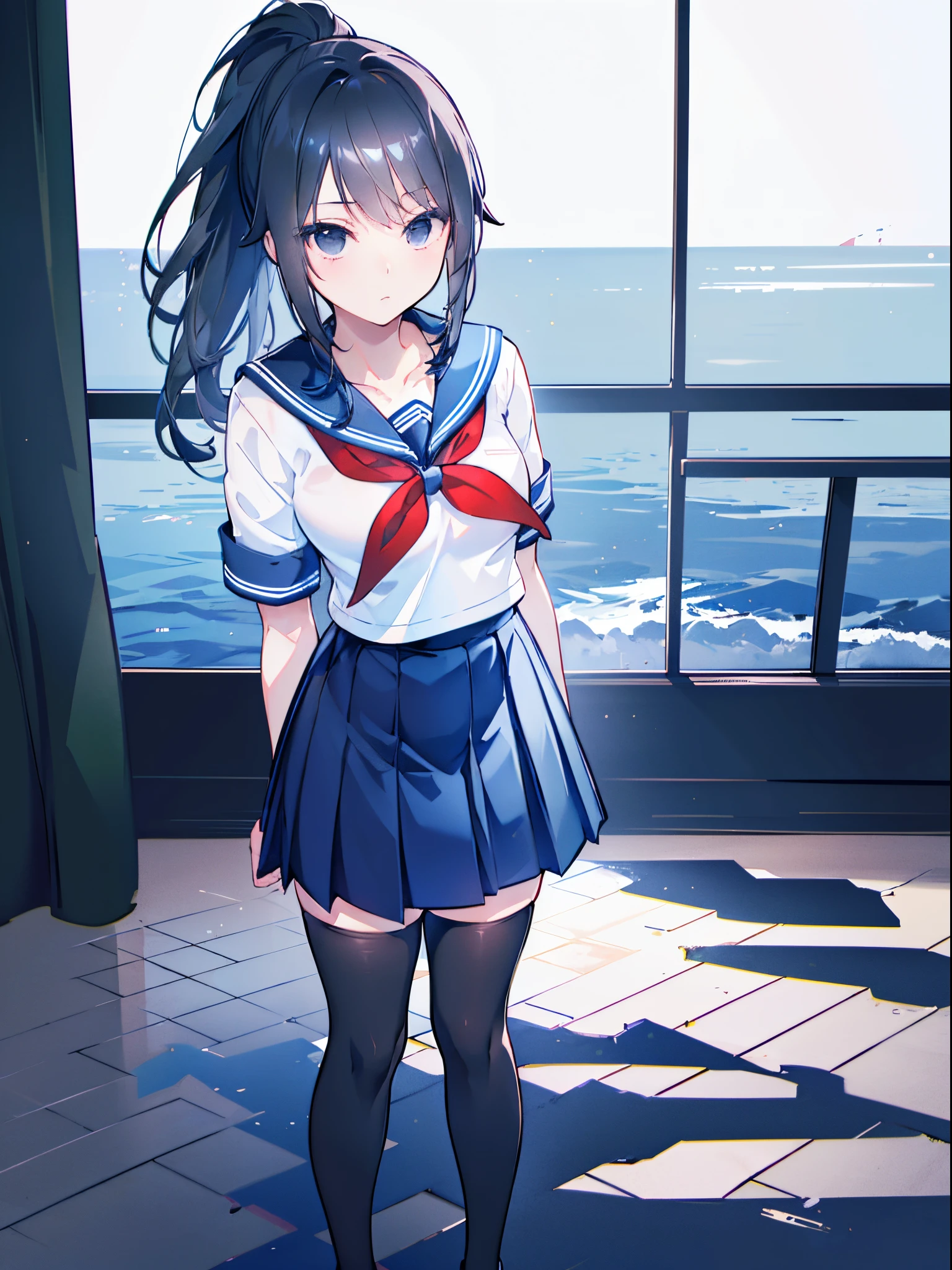 masterpiece, best quality, 1girl, ayano, high ponytail, black hair, black eyes, school uniform, serafuku, blue sailor collar, white sailor shirt, red neckerchief, short sleeves, blue pleated skirt, black thighhighs, black shoes, arms behind back,