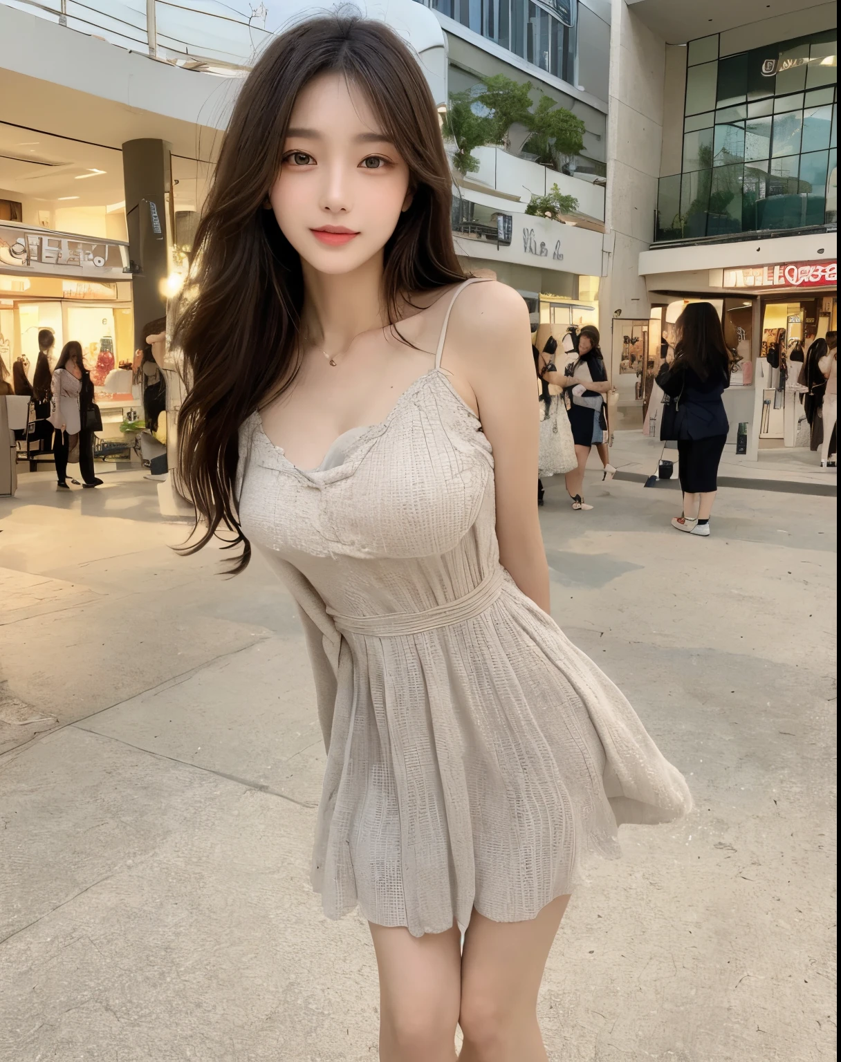 (((Best Quality, 8K, Masterpiece: 1.3,)), high-definition facial features, delicate facial feature, 1girl, Slim Abs Beauty: 1.3, ((long hair, natural hair)), (((wearing dress))) fine Face, (((Delicate Eyes))), Double Eyelids, Smile, looking at the viewer, (full body 1.5), (((shopping mall))), ((((natural background)))), (standing), bare legs, medium breast, wink