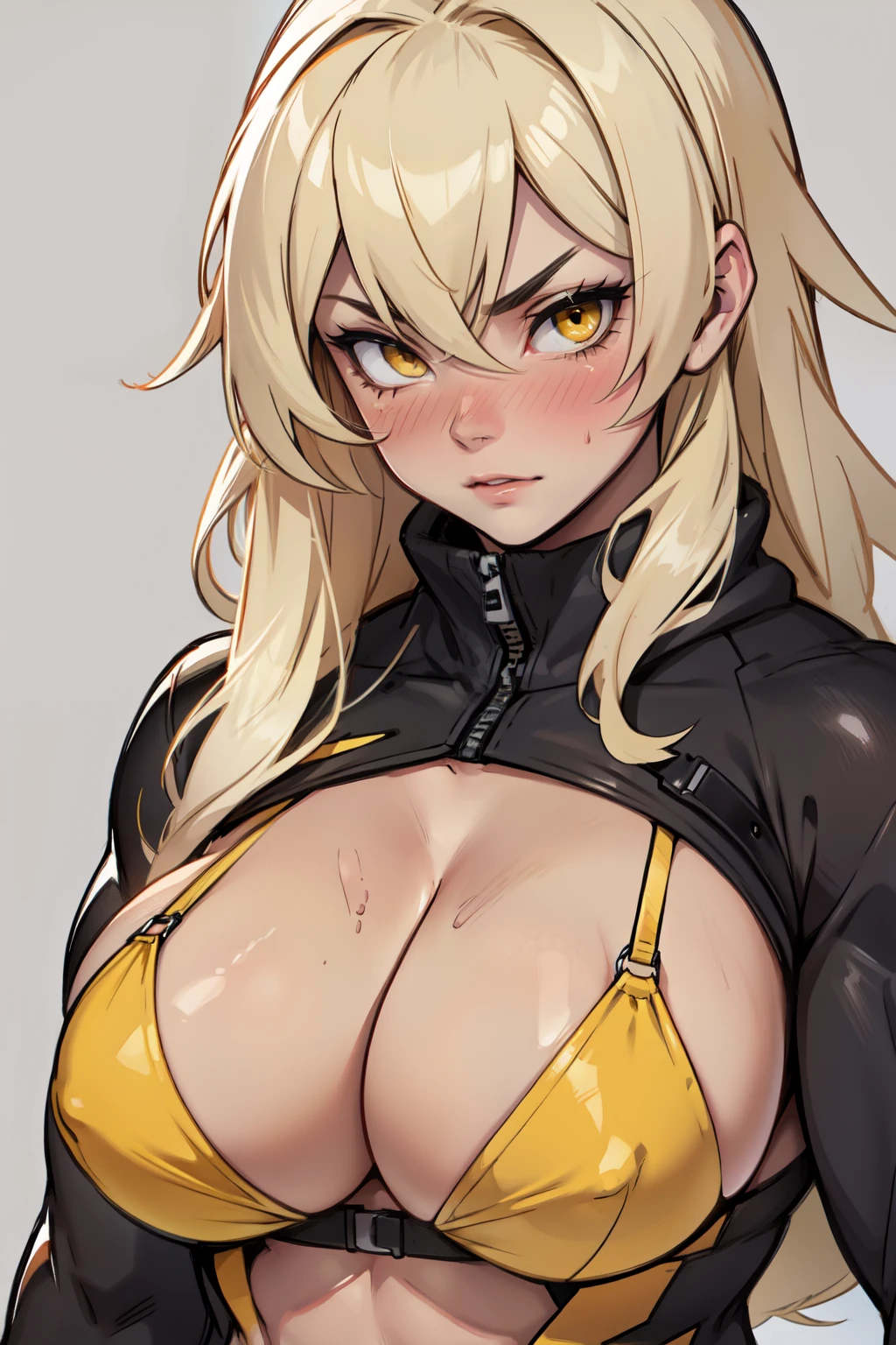 girl large breasts muscular toned body pale skin black long hair yellow eyes blush