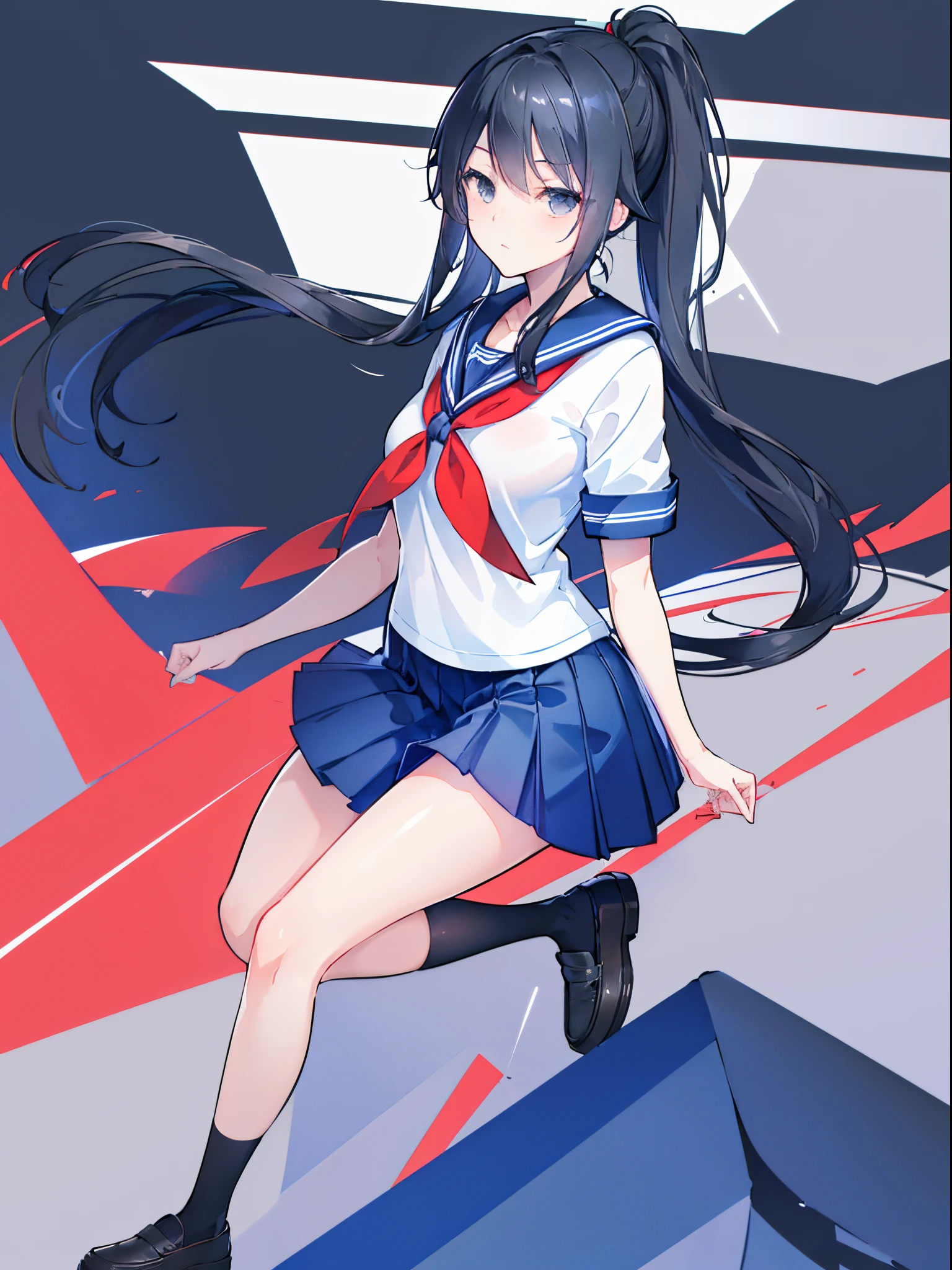 masterpiece, best quality, 1girl, ayano, high ponytail, black hair, black eyes, school uniform, serafuku, blue sailor collar, white sailor shirt, red neckerchief, short sleeves, blue pleated skirt, black thighhighs, black shoes, arms behind back,