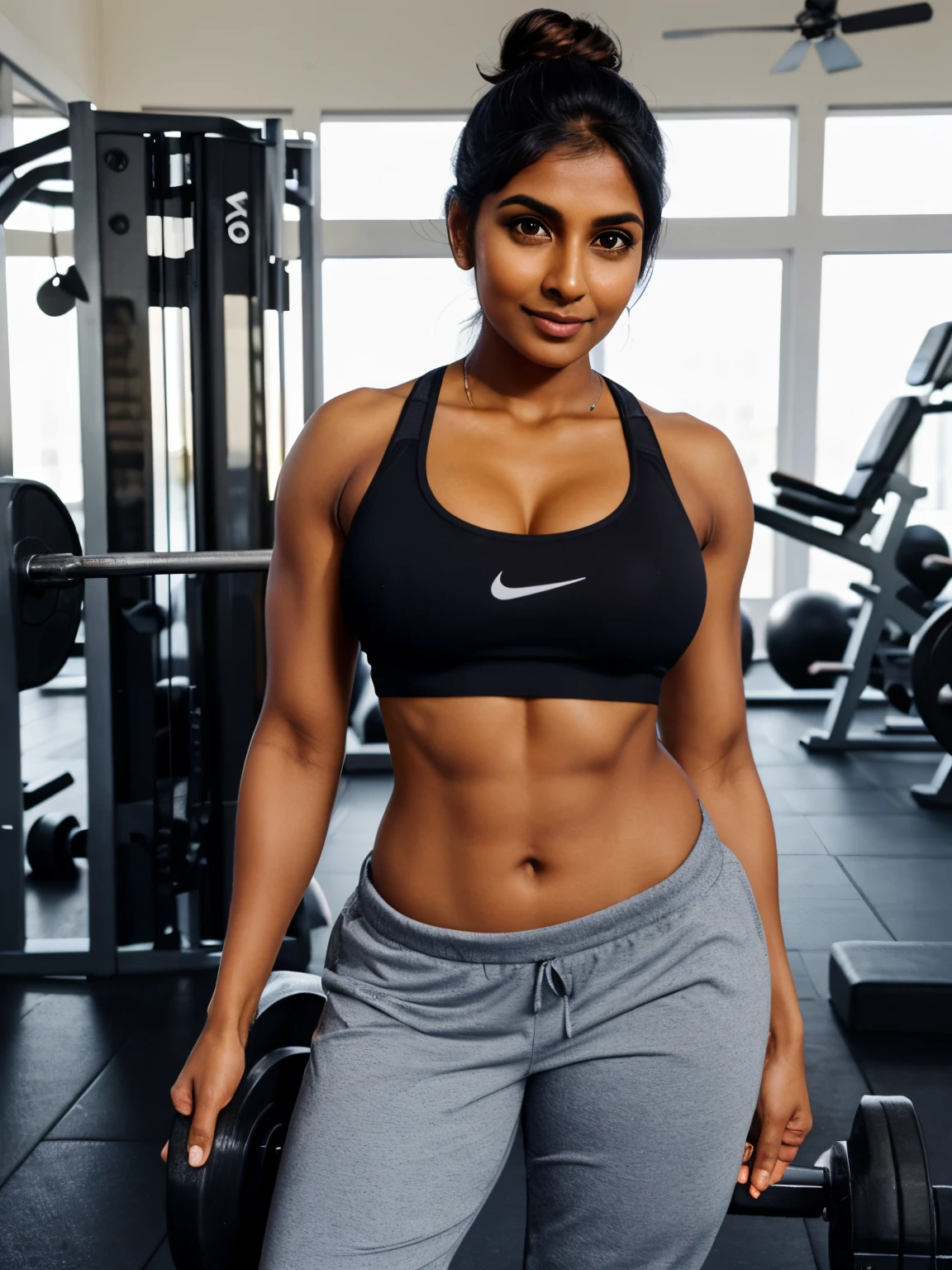 fit and fab, 35 year old brown Tamil woman, wearing sports bra track pants sports shoes, lifting weight in the gym, (ultra detailed:1.6 face eyes nose ears lips curves skin body parts), (toned body, nerves in the hands, nerves in the neck, bun hair, round deep navel), UHD, masterpiece, high quality, high resolution, 64K