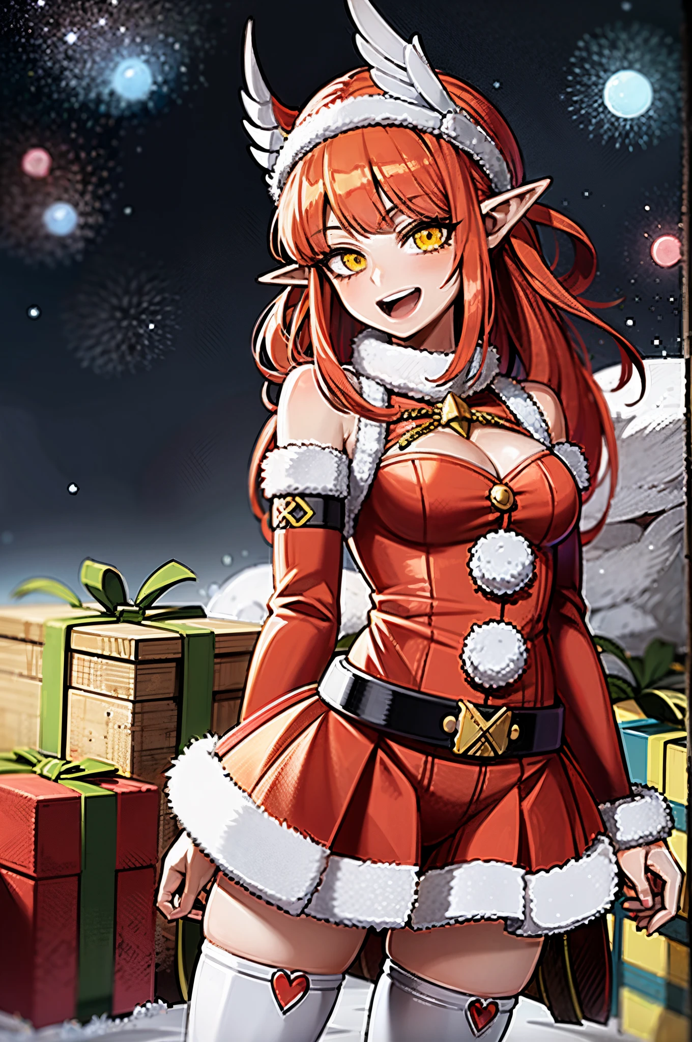 anime girl in santa claus outfit with gifts in snow covered area, elfa, Menina an elf, Elfpunk, menina elfo o, duendes, Elf Machine, Noite de Natal, night core, Menina elfa vestinterno da flor, Pixiv, v do diabo pode chorar como um elfo, por Kanbun Master, arte oficial, Loli, chan sakimi