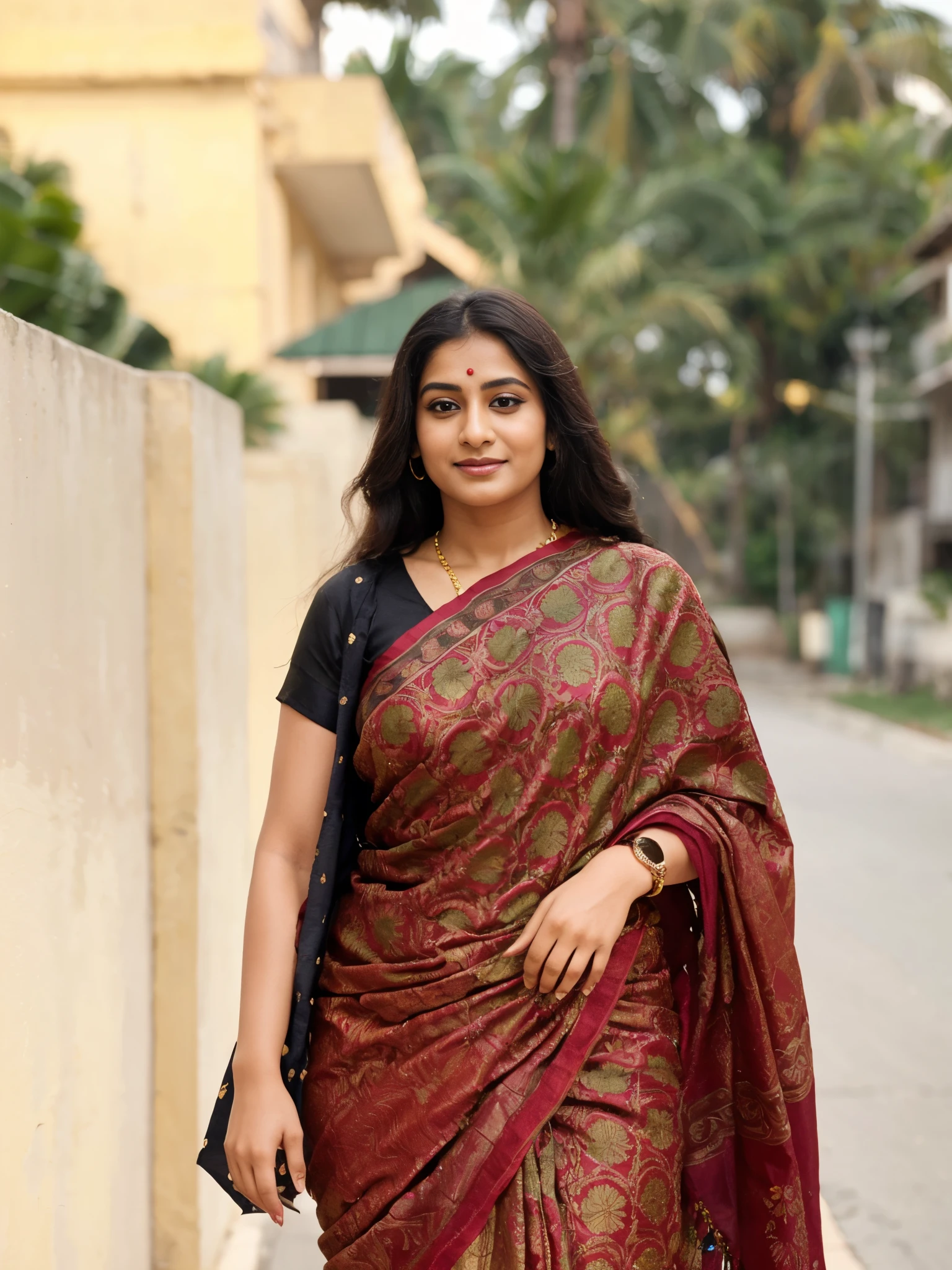 a woman in a sari and gold blouse posing for a picture, sari, wearing elaborate green and gold, indian, candid picture, satin, 4 k post, 4k post, indian goddess, dressed in a sari, very very beautiful woman, candid shot, a still of a happy, very beautiful woman, traditional beauty, candid photograph, thick neck, wearing a sari