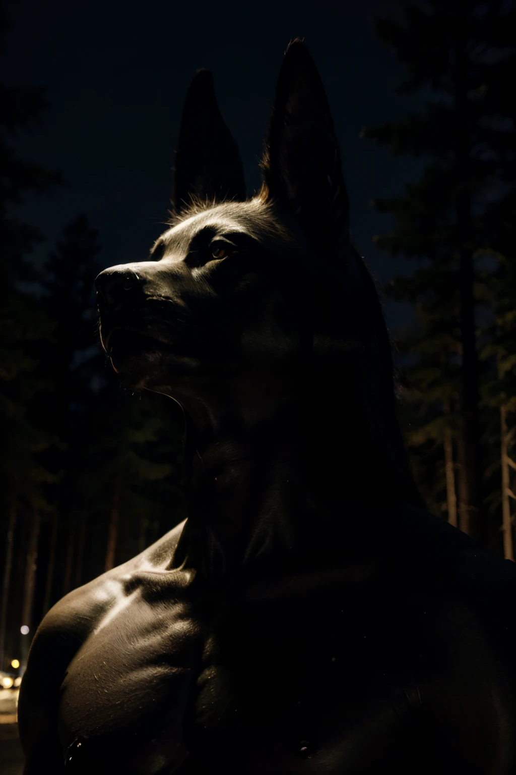 dogman anubis head luminous white eyes athletic body black large screen background fir forest moonlight night